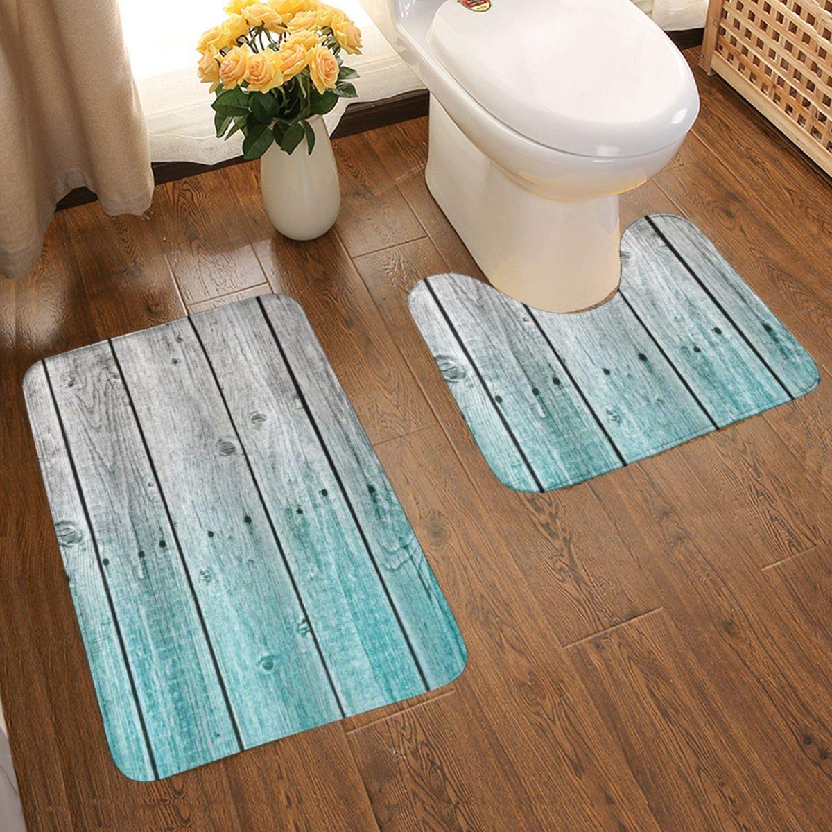 JISMUCI2 Piece Non Slip Pedestal Bath Mat Set,Rustic Wood Panels Background With Digital Tones Effect Country House Art Image，Bath Mat Sets Non Slip Including Bath Mat, Pedestal Mat