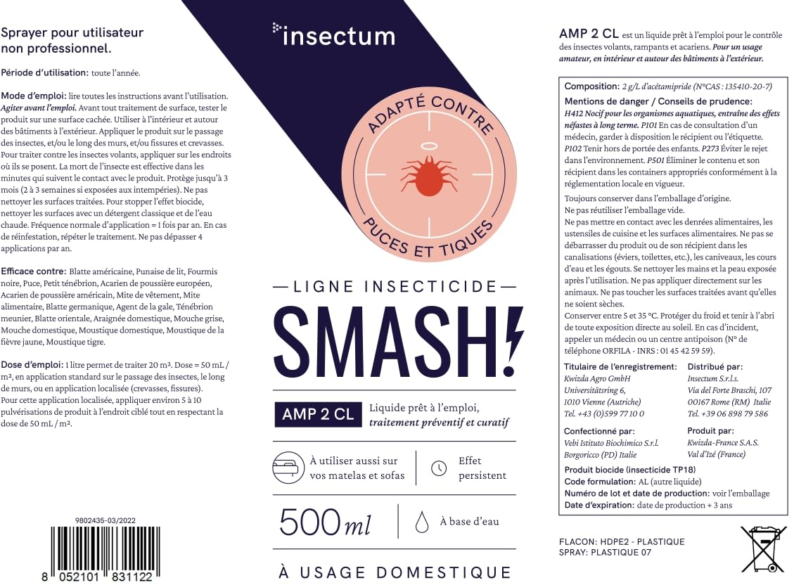 SMASH Spray Anti-Puces et Anti-Tiques pour Environnements et Tissus AMP 2 CL - Pour Utilisation à Domicile et en Extérieur - 2x500ml - Insecticide Sans Perméthrine