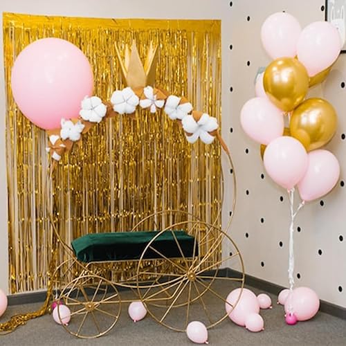 Miniatura 8 de Paquete de 3 cortinas de flecos dorados de aluminio grueso de 3.2 x 8.2 pies, telón de fondo de fotos para cumpleaños, despedida de soltera,