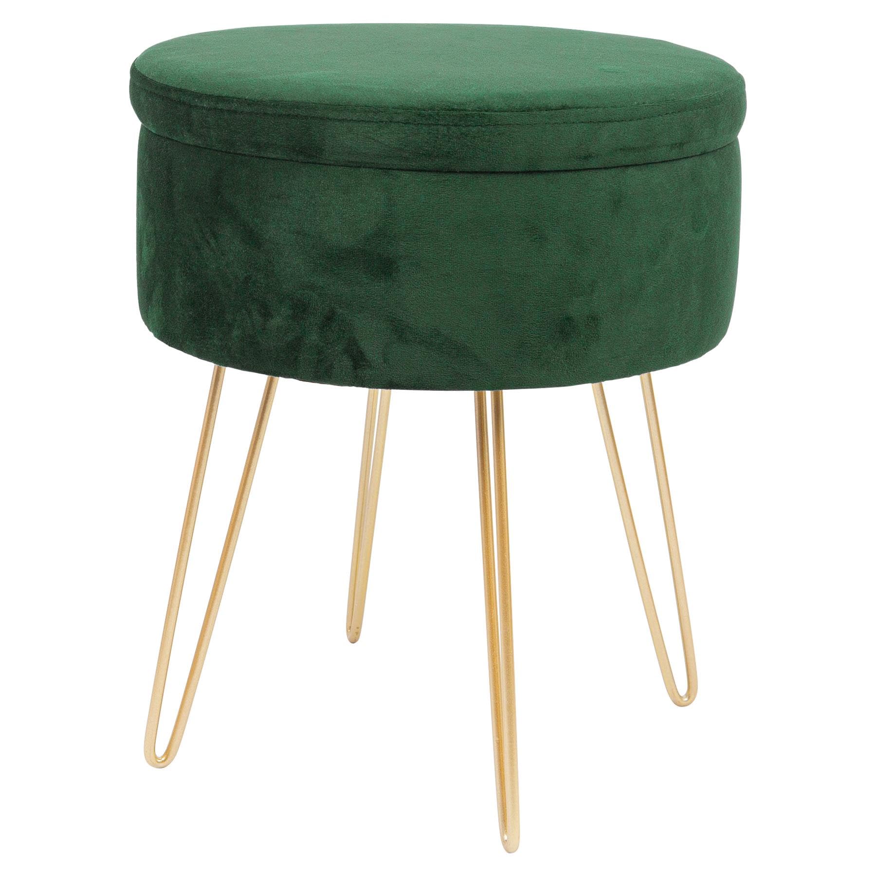 Harbour Housewares Velvet Round Foot Stool with Storage - Green with Gold Legs - Modern Dressing Table Pouffe Footstool Vanity Seats Vanity Chairs Footstools for Living Room, Bedroom