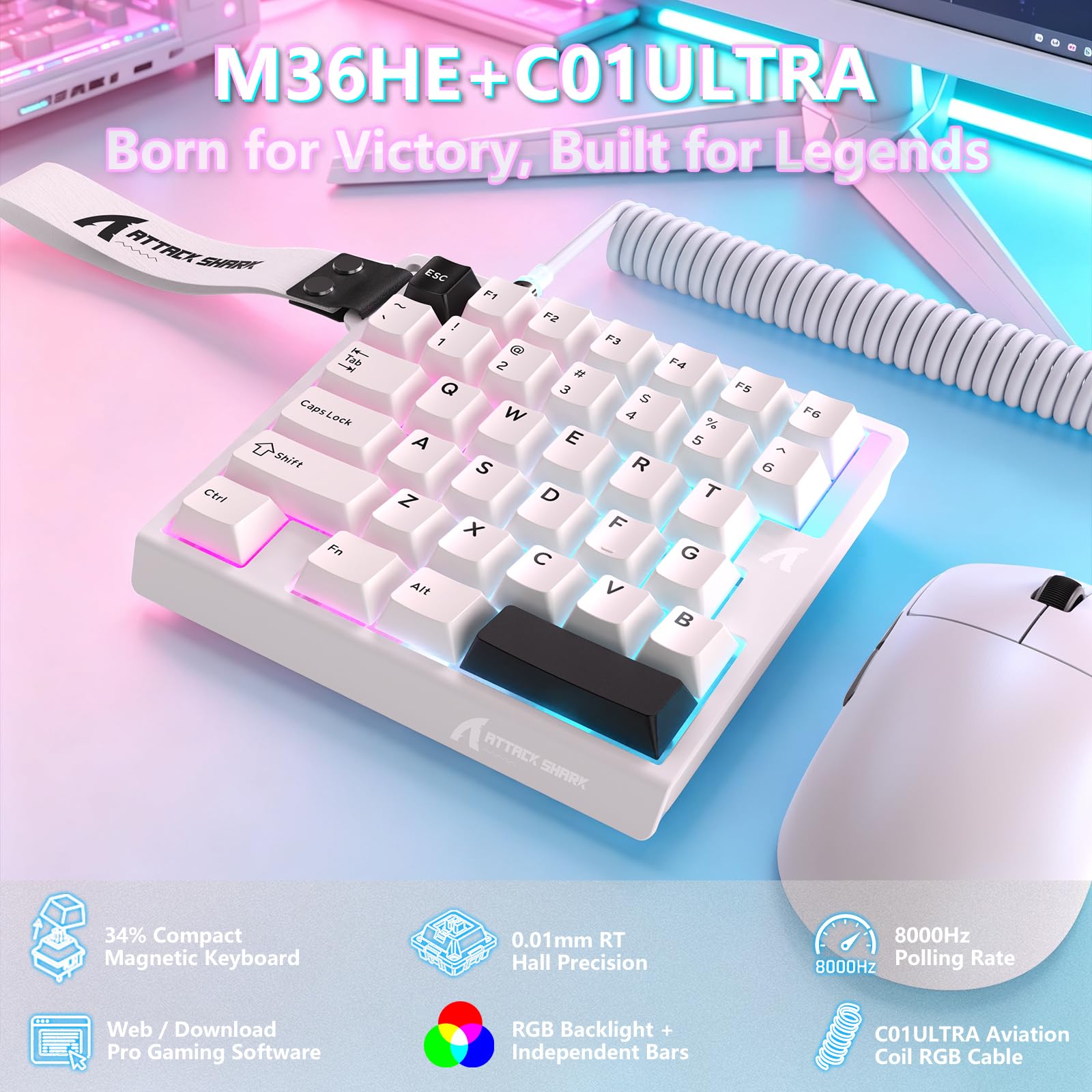 ATTACK SHARK M36 HE Einhand-Magnetschalter-Tastatur, 8000 Hz Polling, Hot-Swap-fähig, hohe Präzision 0,01 mm, 36 Tasten, kabelgebundene Tastatur mit RGB-Hintergrundbeleuchtung, C01 Ultra LED Aviator