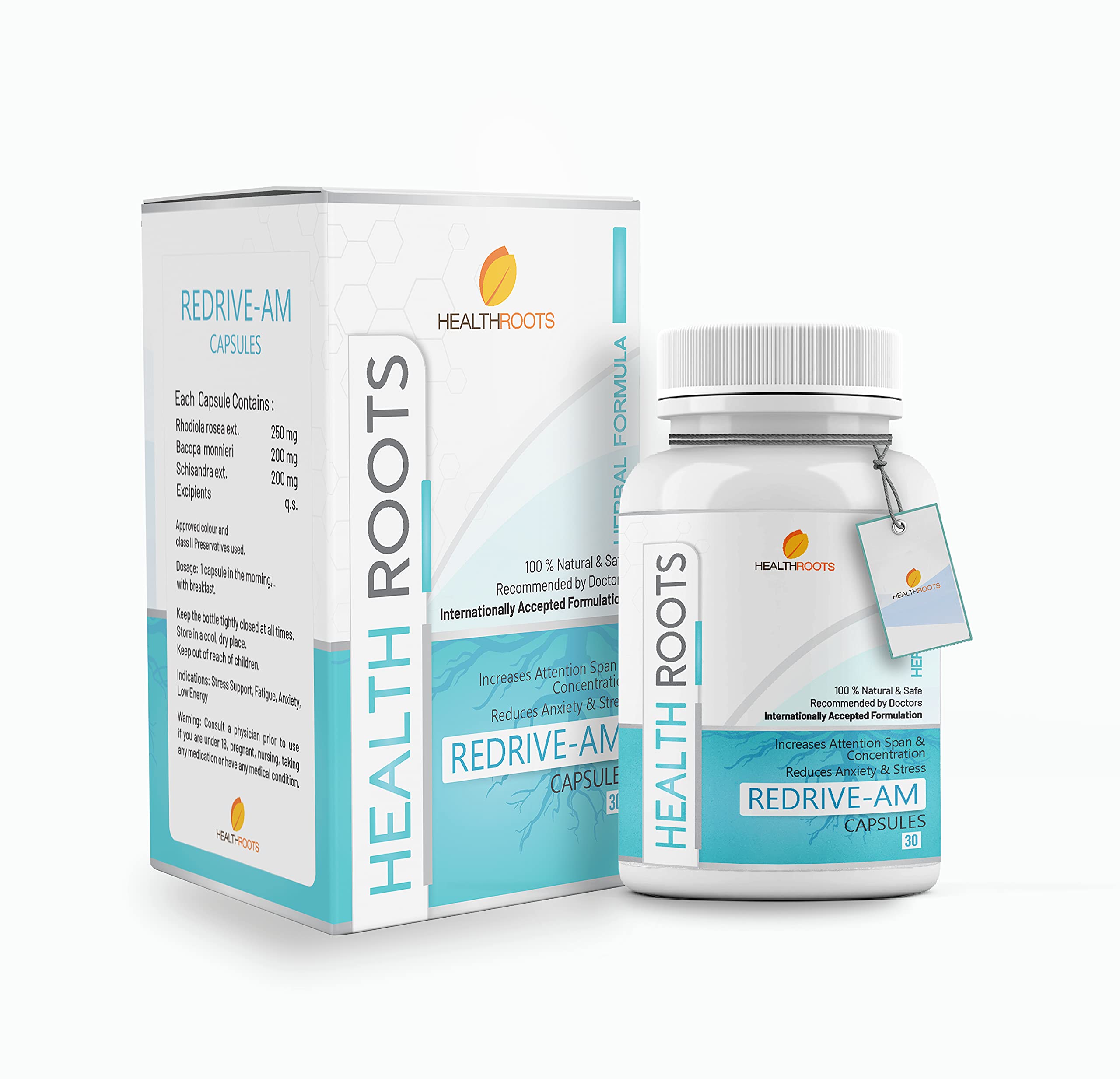 Health Roots: Redrive AM: 30 Capsules with Rhodiola, Brahmi & Schisandra| Herbal Anxiety Supplement | For Men & Women|