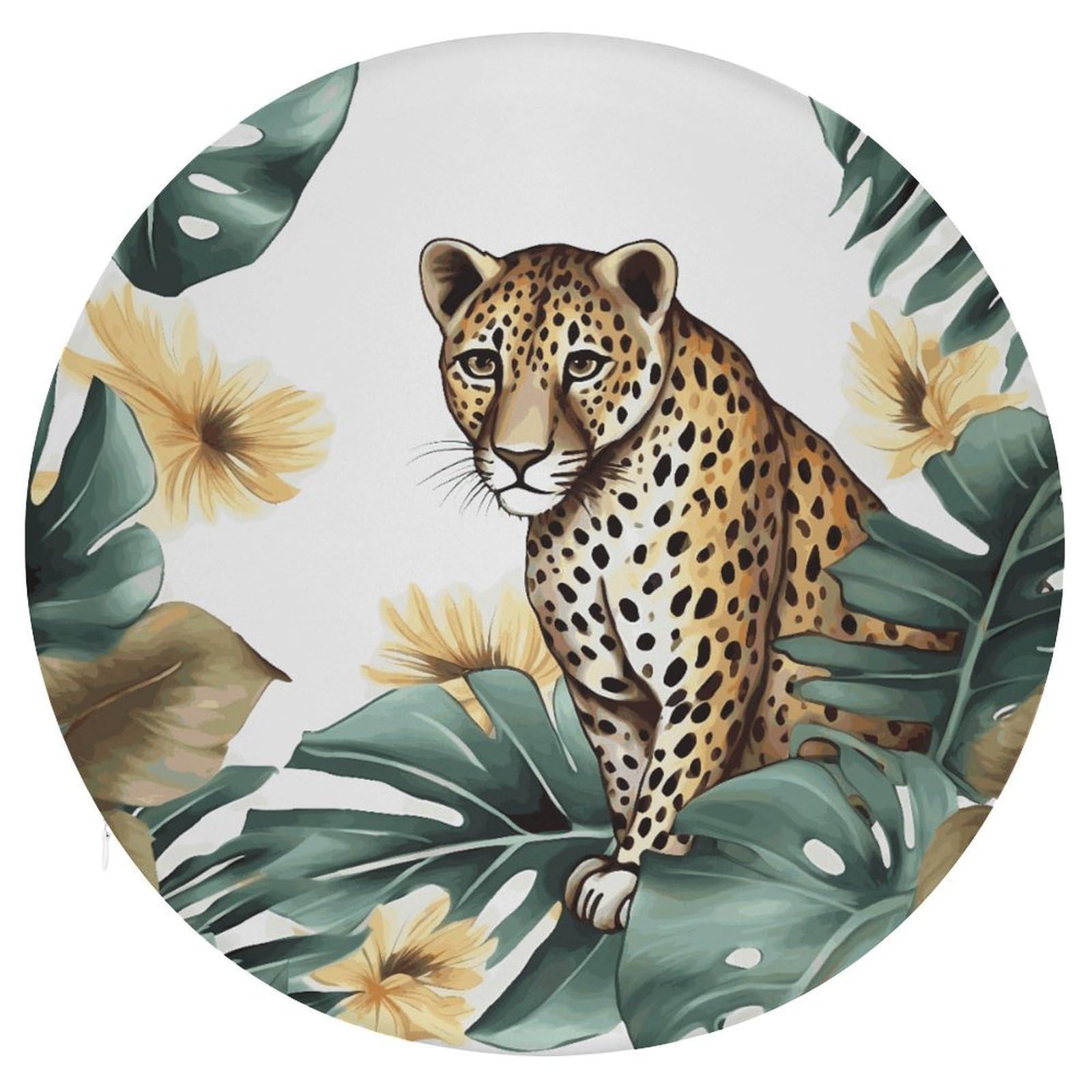 JTREHY Leopard and Palm Leaves Cushion Soft Breathable Round Cushions Multi-Functional with Zipper Floor Pillows Cushion for Various Indoor Occasions Chair Pad