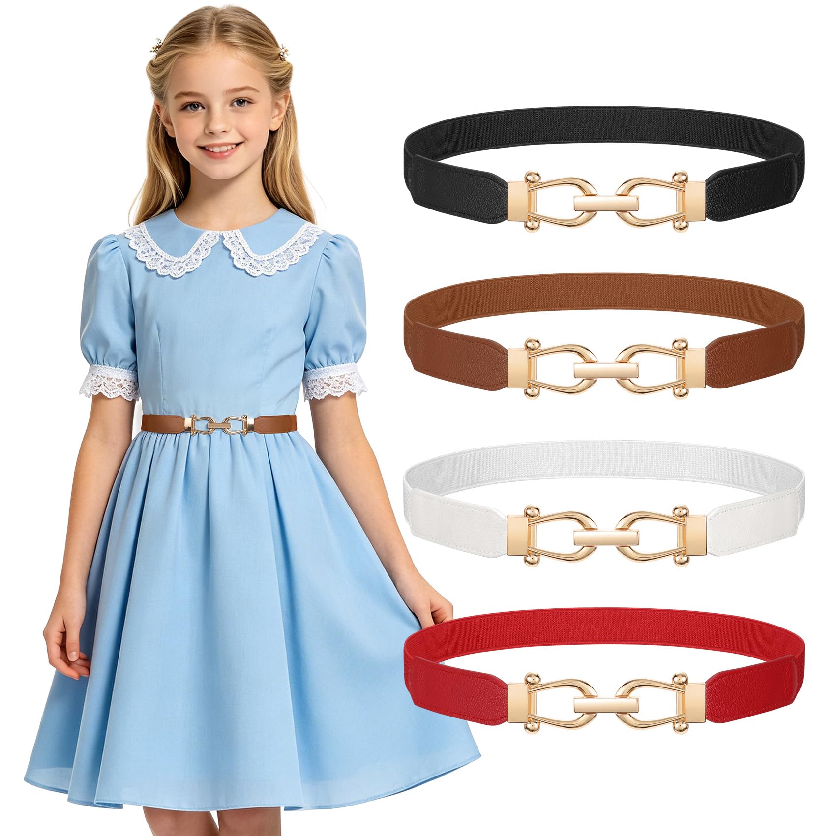 JASGOOD 4 Pack Elastic Kids Belts for Girls Stretchy Thin Toddler Waist Belts for Dresses Jeans School Uniform Casual