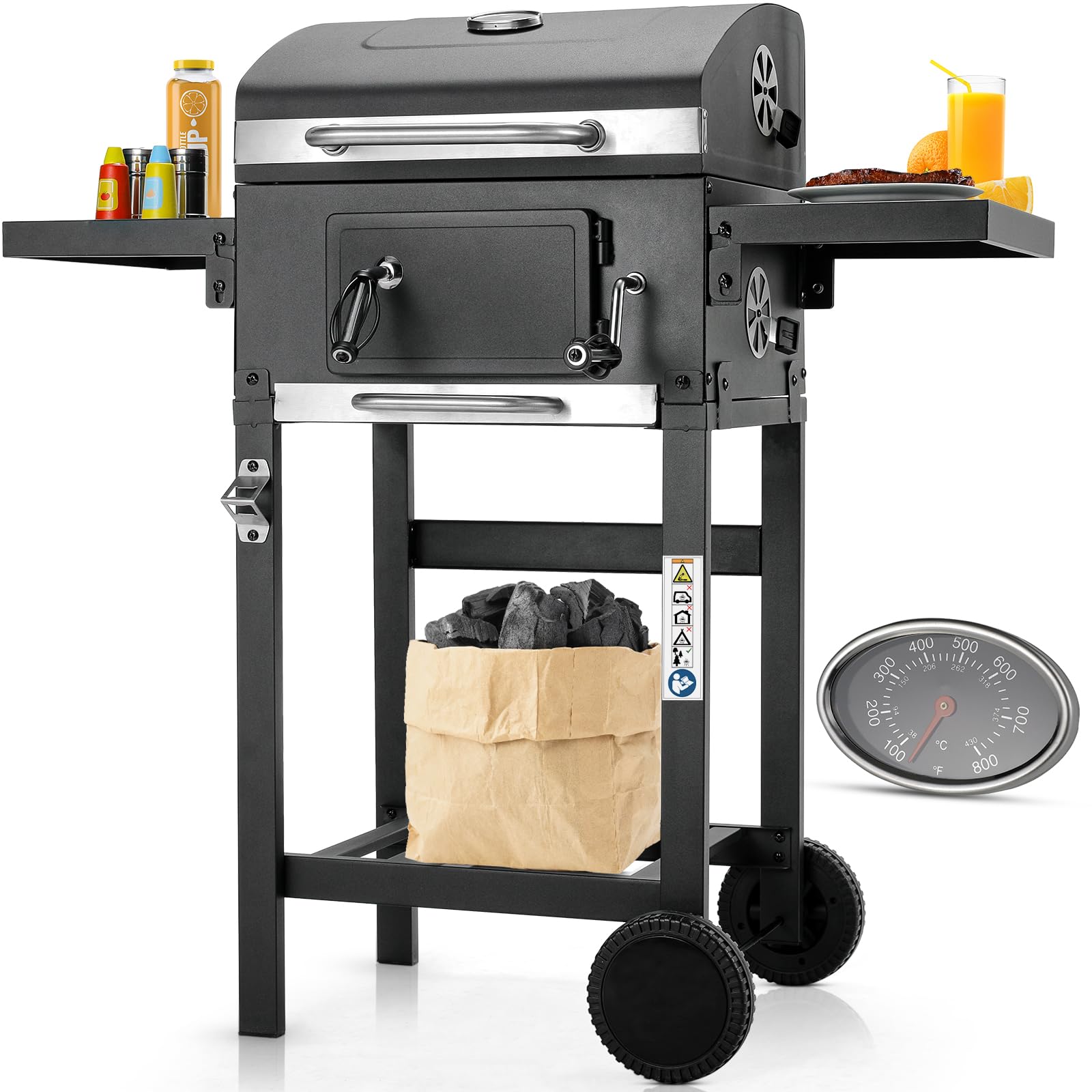 LIFERUN Parrilla Barbacoa Carbon con Tapa, BBQ Smoker, Parrilla con Carrito, con 2PCS Ruedas, Termómetro, Barbacoa de Carbon para Camping y Jardín, 96x98x44,5 cm