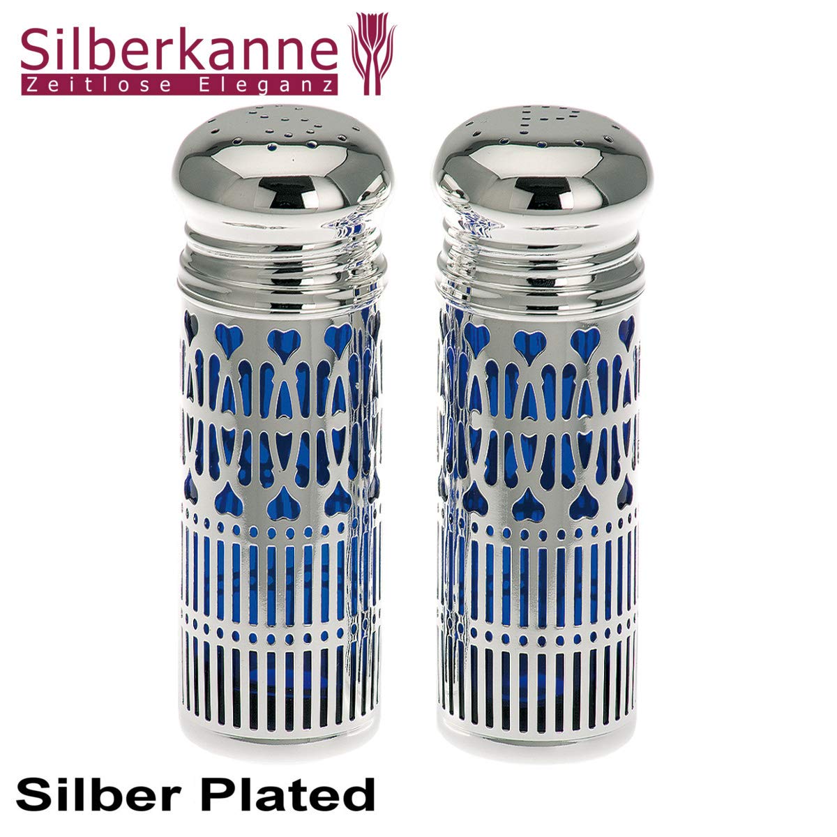 Salière et poivrière avec Insert en Verre Bleu hygenique H 7 x 2,5 cm plaqué Argent