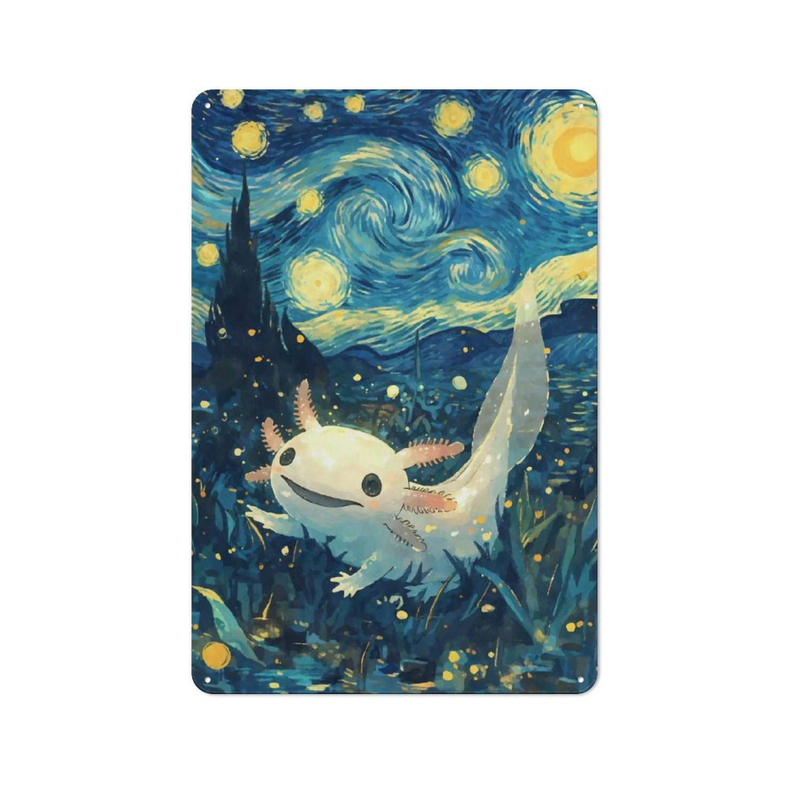 Junmoney Style-14 Retro Metal Plaque 30X20cm Featuring Axolotl Starry Night For Workshop Wall, For Metal Sign Collectors, For Garage And Workshop Walls