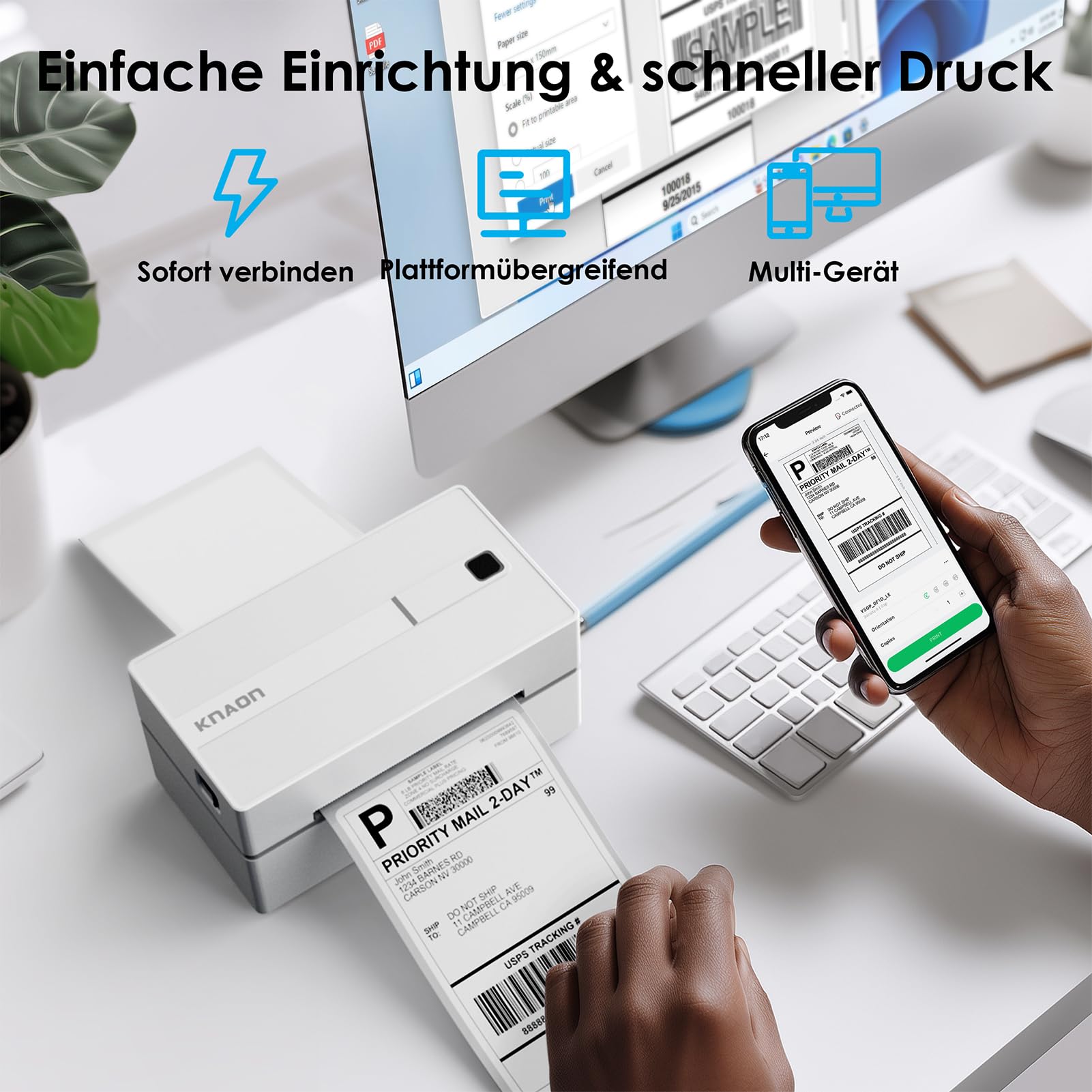 KNAON Bluetooth Etikettendrucker, 4x6 Thermodrucker Label Printer, Labeldrucker Versandetiketten Drucker für DHL UPS DPD FedEx, Etsy Shopify, Weiß