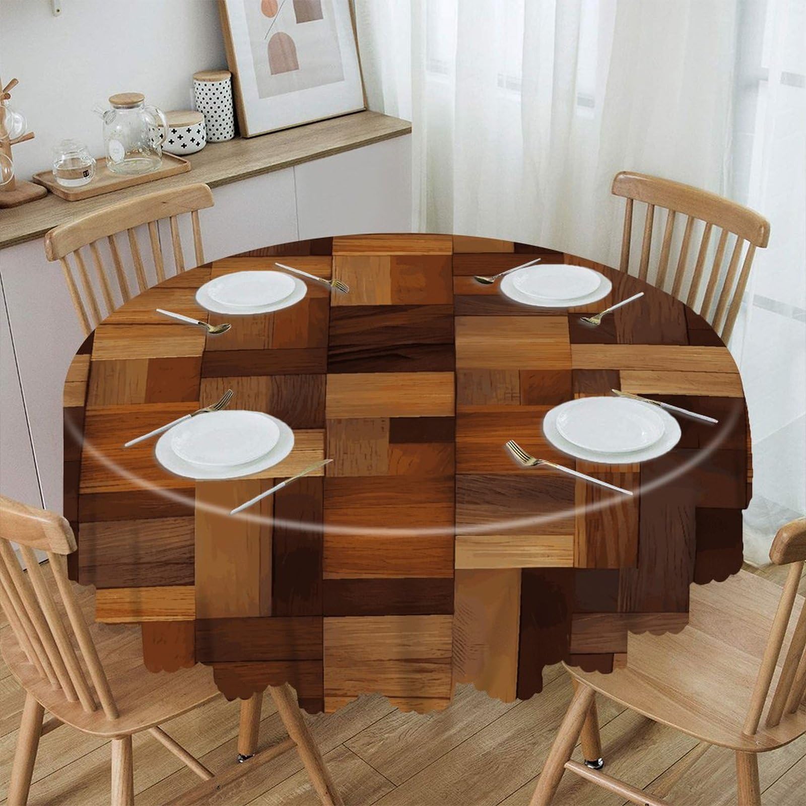 VstaDank Wood Round Tablecloth 60 Inch Easy to Clean Circle Table Cover Thick Decorative Round Polyester Table Cloth for Dining Kitchen Party Farmhouse Outdoor