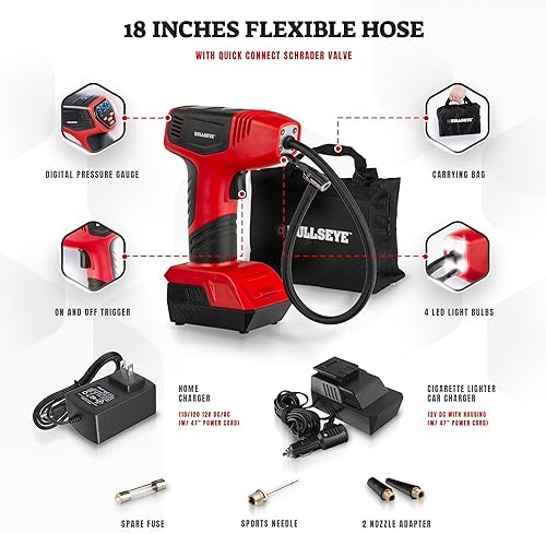 Miniatura 6 de Bullseye Pro Max Deluxe - Inflador de neumáticos portátil, compresor de aire portátil para neumáticos de automóvil, inflador de neumáticos de