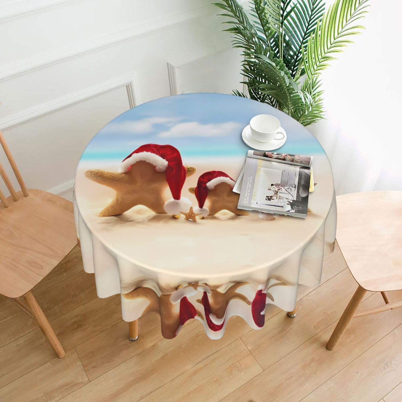 WHJSHOP merry christmas beach Prints Round Table Throw 60 Inch – Waterproof Table Cover for Dining, Coffee Tables, Parties & More - Soft, Wrinkle-Resistant Table Layer