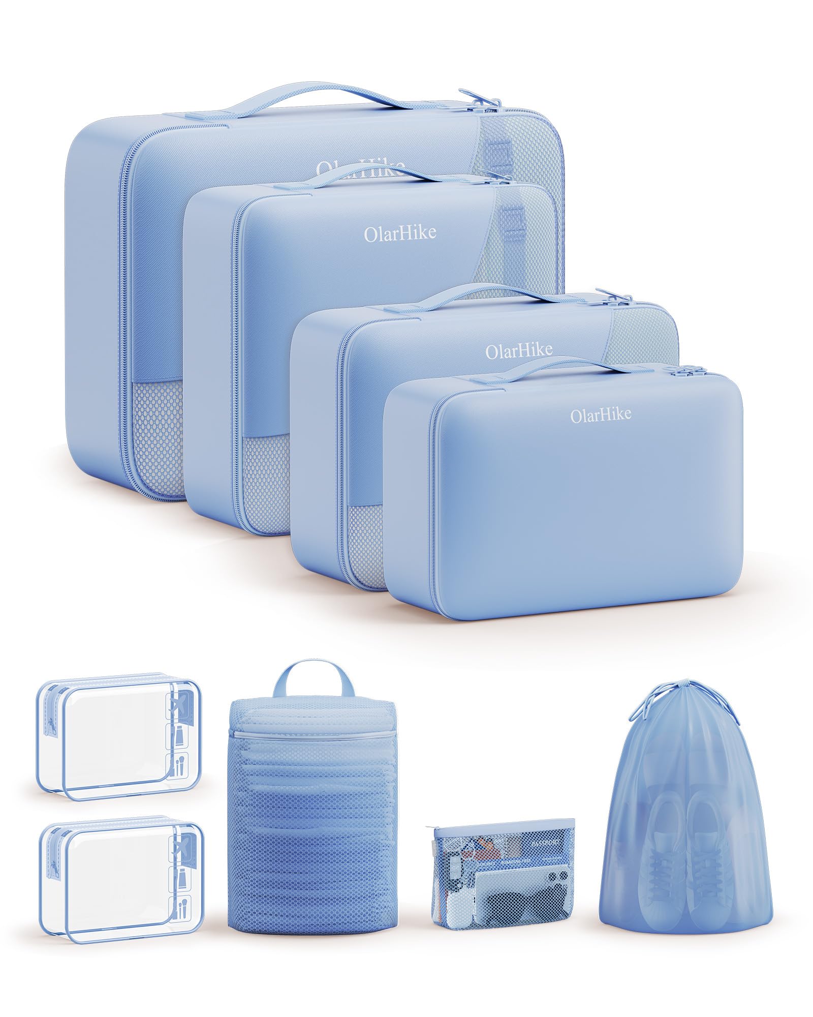OlarHike Packing Cubes for Travel,Gifts for Women Mom,Anti-Tearing Suitcase Organizer for Luggage with Shoe &amp; Hanging Toiletry Bag,Vacation Essentials &amp; Accessories for Cruise Ship,9 Set,Light Blue