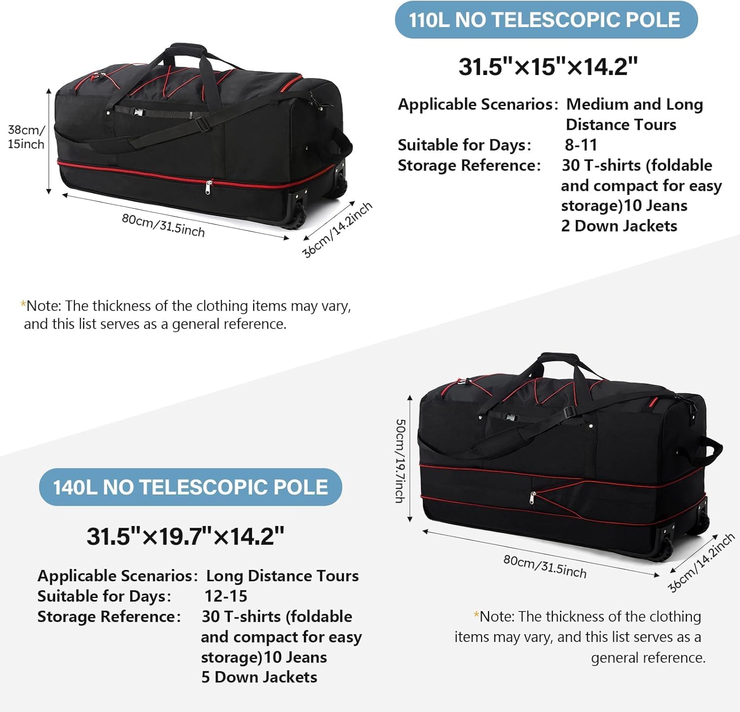 Rolling Duffle Bag with Wheels,110L/140L Expandable Soft-Sided Foldable Duffle Bag with 2 Rubber Wheels,Packable 32” Rolling Carry-On with Multi-Pockets & Compartments - Image 3