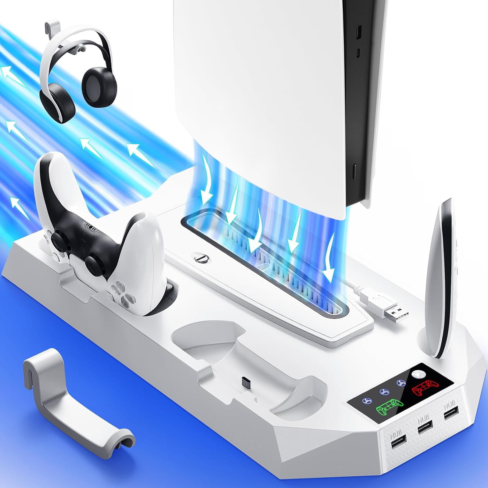 PS5 Slim Pro Cooling Station for PS5 Disc Digital Console PS5 Stand Cooling Fan Charging Station with 3