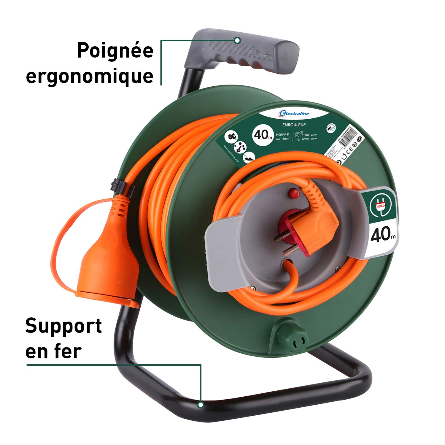 Electraline 20866149FG - Prolongador de extensión (40 m, 16 A, sección 3G1,5 mm²), color naranja y verde