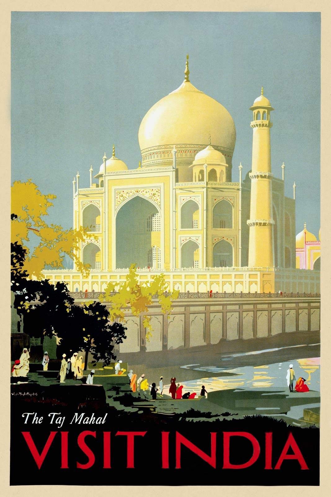Magnet 1930s Visit India Taj Mahal - Vintage Style Indian Travel Magnet Vinyl Magnetic Sheet for Lockers, Cars, Signs, Refrigerator 5"