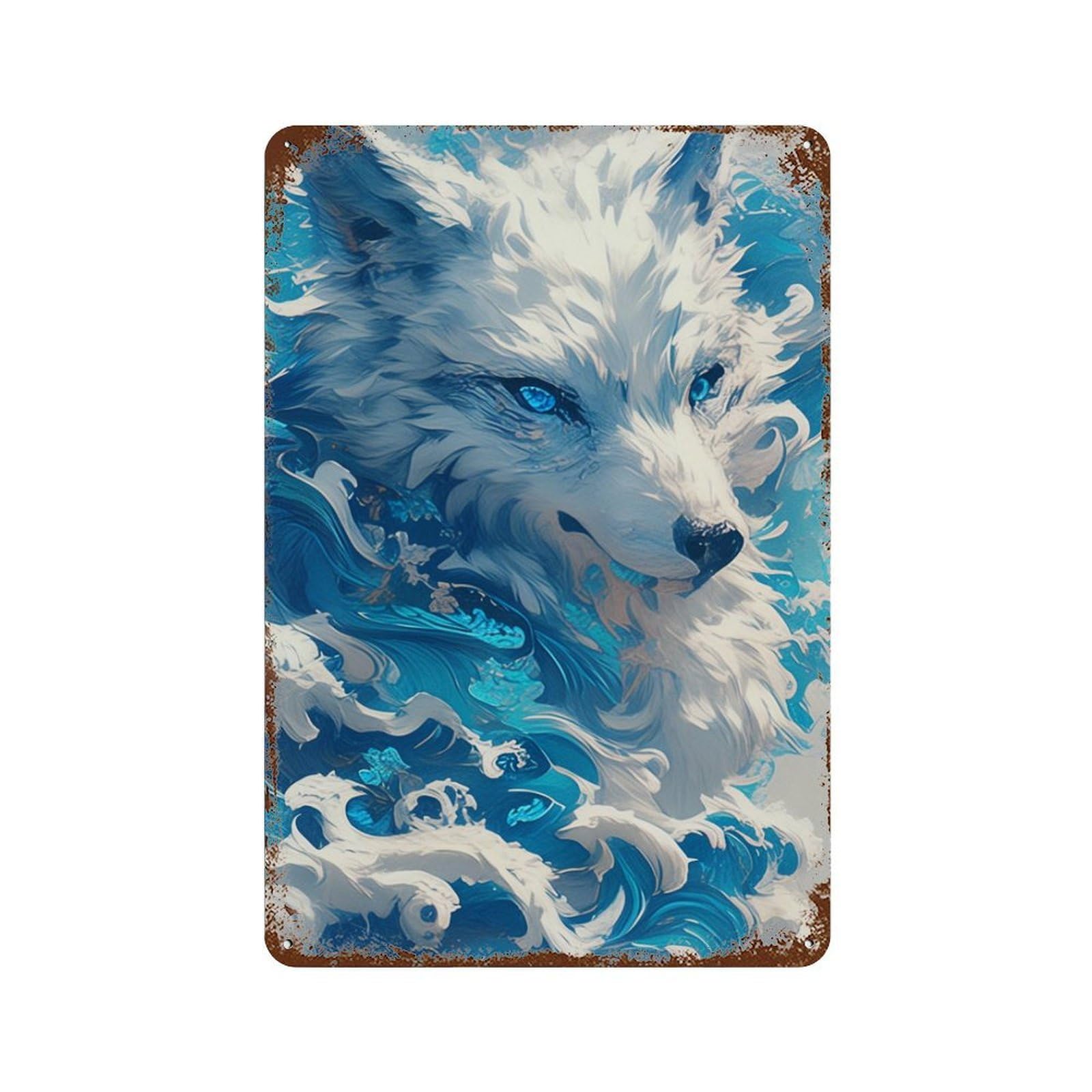 Blue-Eyed Arctic Wolf Retro Metal Sign 11.8"x7.9", Vintage Wall Decor for Office, Studio And Wall Decor