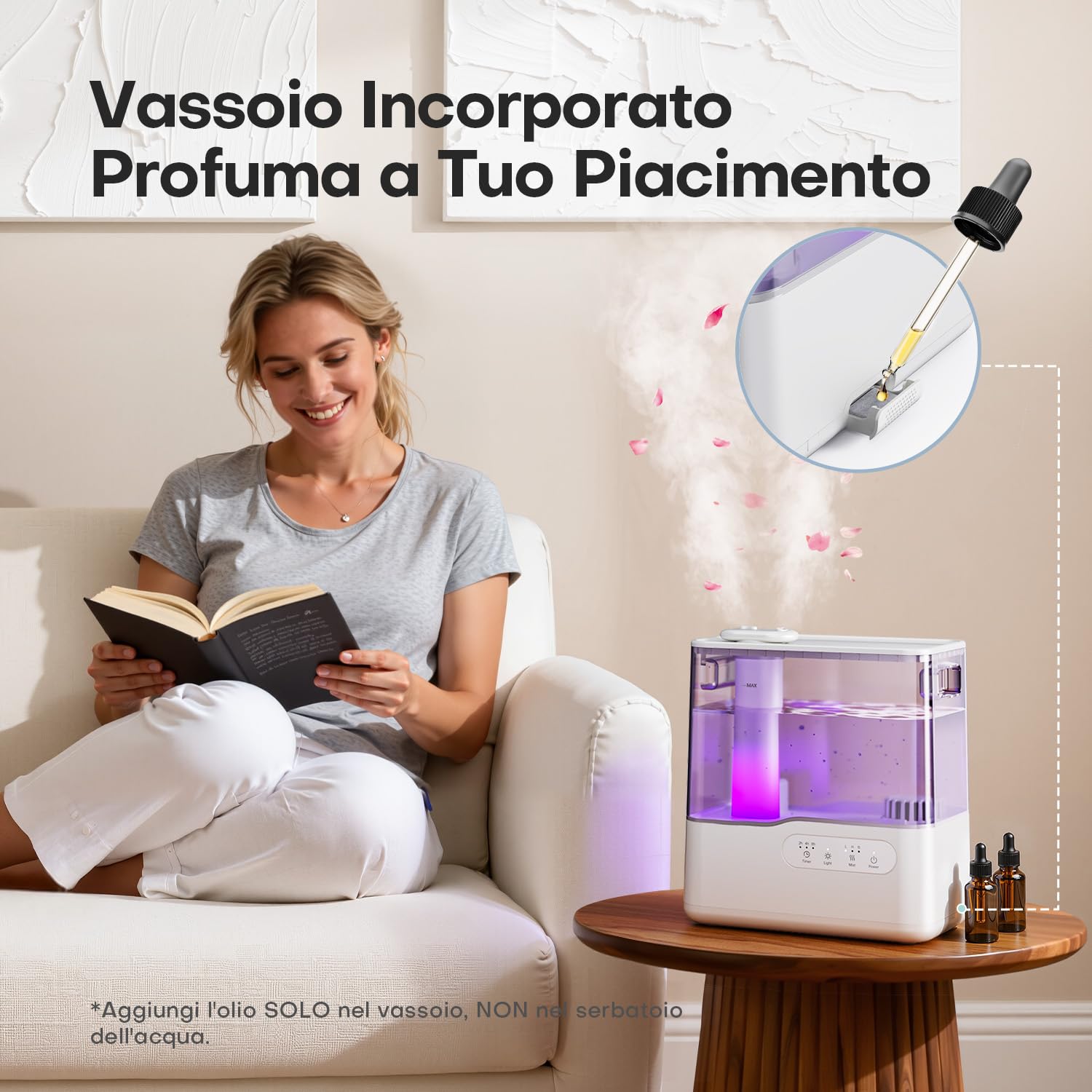 AROEVE Umidificatore Ambiente 5L, Ultrasuoni Nebbia Fredda Top-Fill Umidificatore con Diffusore Aromi, Luci Ambientale, Timer, 36H/25dB Silenzioso Umidificatore per Casa ufficio Bambini Piante