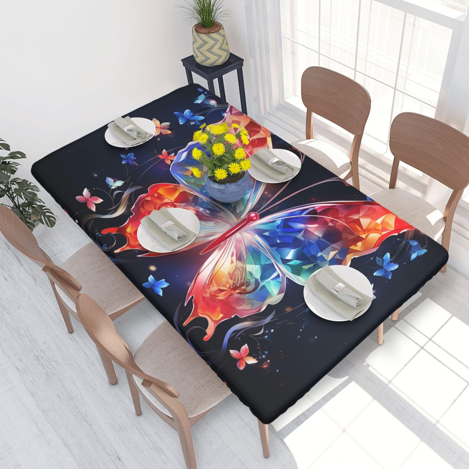 Musica Butterfly Waterproof Square Table Cover Elastic Fitted Tablecloth Oil Proof Table Protector For 4ft Table