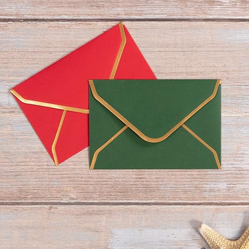 Miniatura 3 de 100 sobres pequeños de Navidad con solapa en V con borde dorado para tarjetas de notas en blanco, tarjetas de regalo de visita (rojoverde oscuro) (4