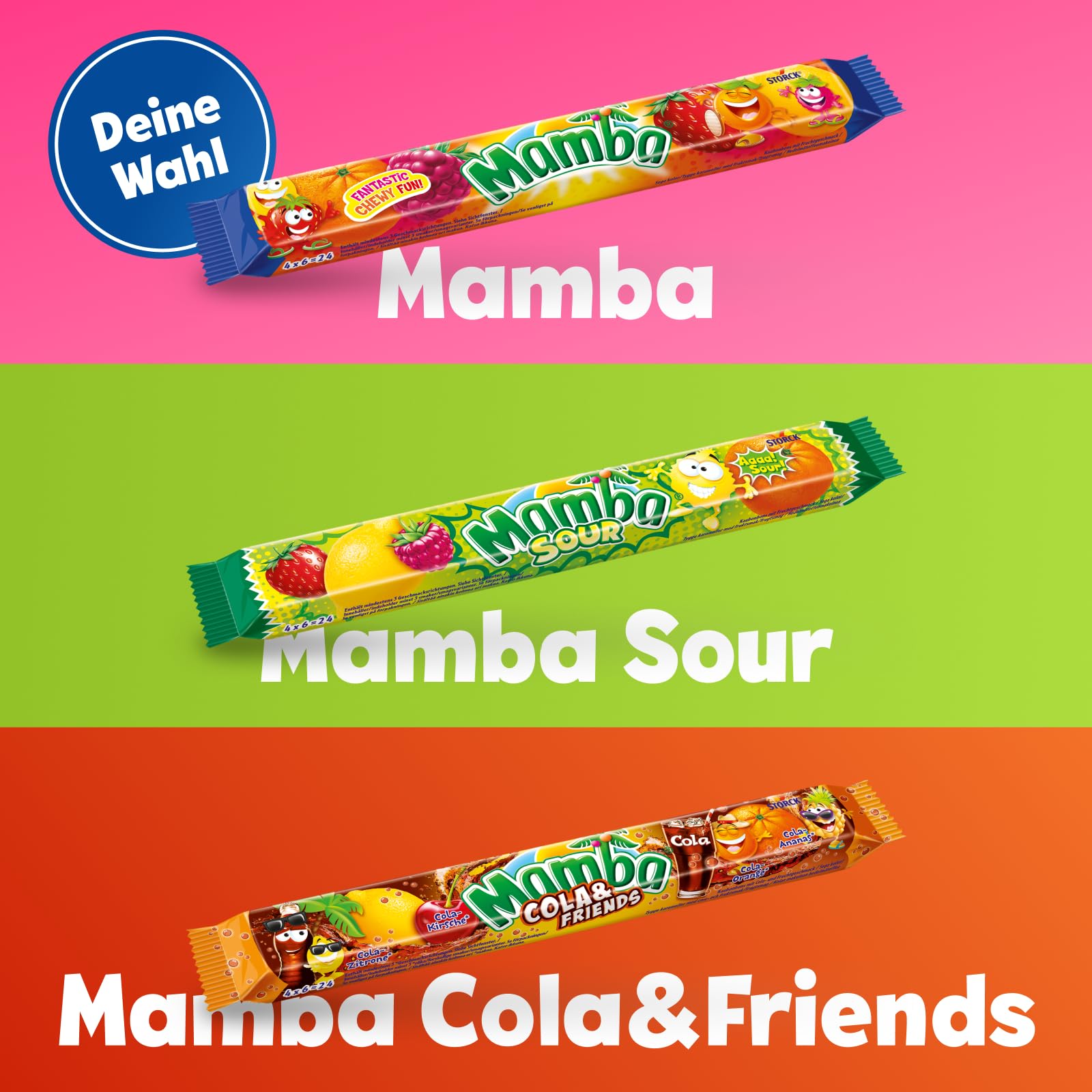 Mamba – 24 x 106g (4er Stange) – Leckere Kaubonbons mit Fruchtgeschmack in vier verschiedenen Sorten – Süßigkeiten Mix