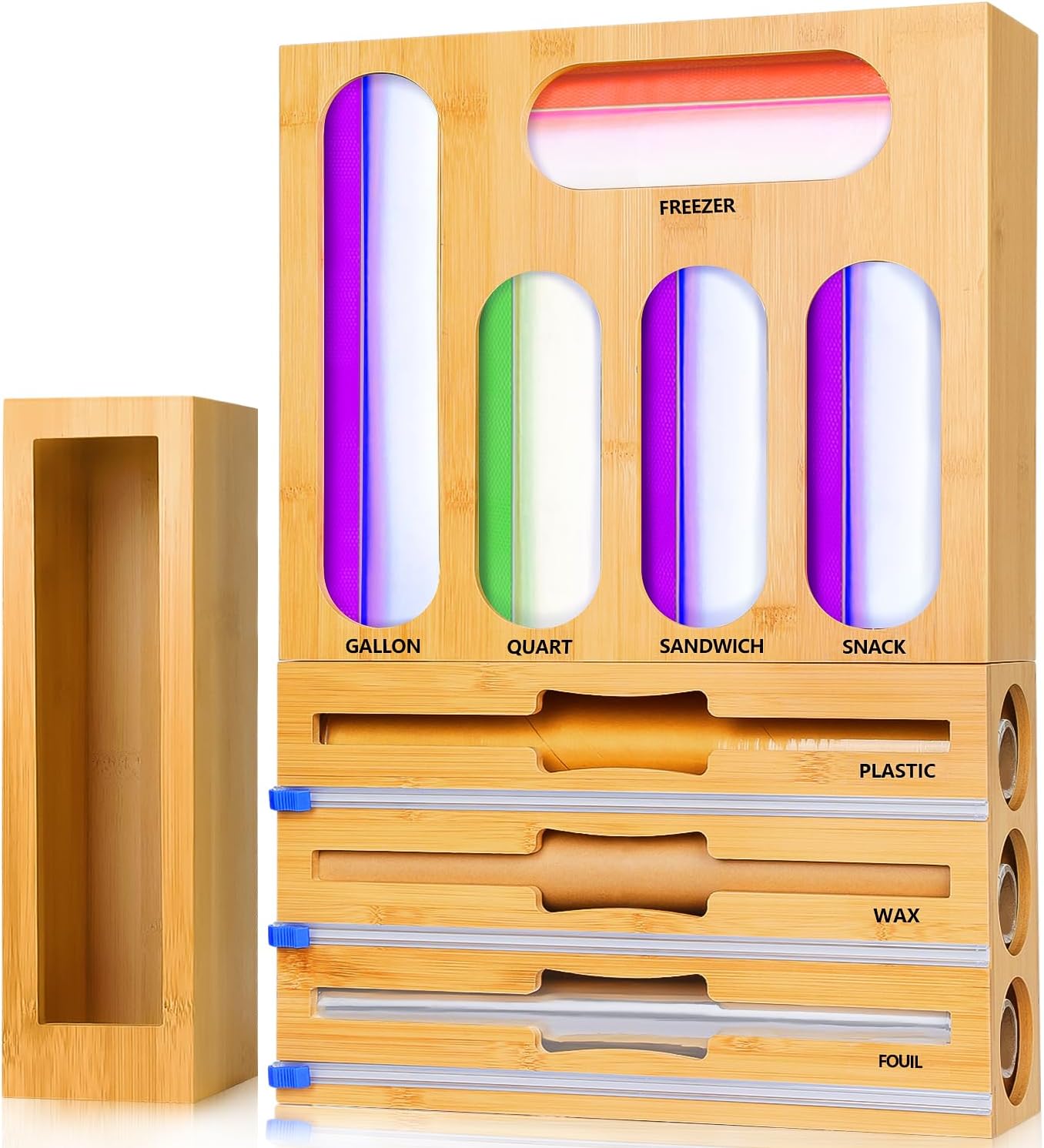 Bamboo Bag Organizer Plastic Wrap Dispenser Cutter Kitchen Storage 6 In 1 System