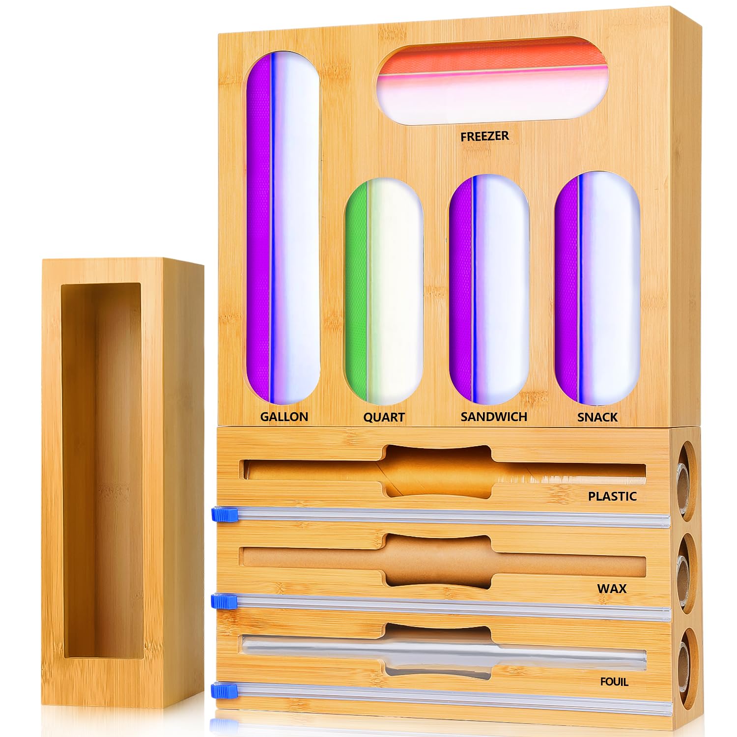 Organizer Da Cucina In Bambù Con Dispenser 9 In 1 E Taglierina | Porta Rotoli E Sacchetti Per Cassetti, Montabile A Parete