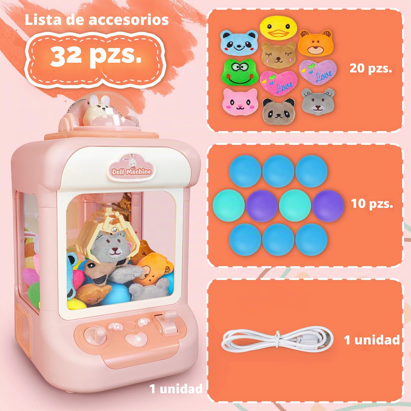 deAO Máquina de Garras Juguete con Música, Incluidy 20 Peluches, 10 Gashapones, Mini Máquina de Garras Buen Regalo para Cumpleaños, Navidad, Fiestas, Juego de Fiesta