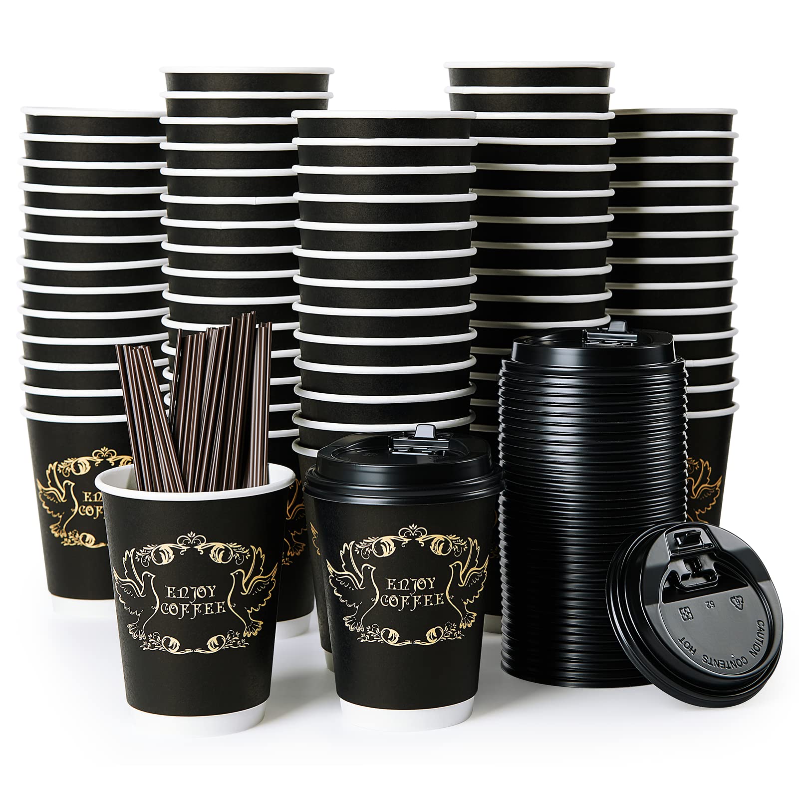 100 Schwarze Papp-Kaffeebecher 340ml Mit Deckeln & Hüllen – Auslaufsicher, Ideal Für To-Go, Partys & Events