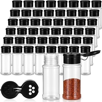 50 Pcs Clear Plastic Spice Jars with Shaker Lids, 3.3 Oz/100ml Black Plastic Seasoning Containers Empty Spice Bottles for Pepper Shaker Condiment Pots