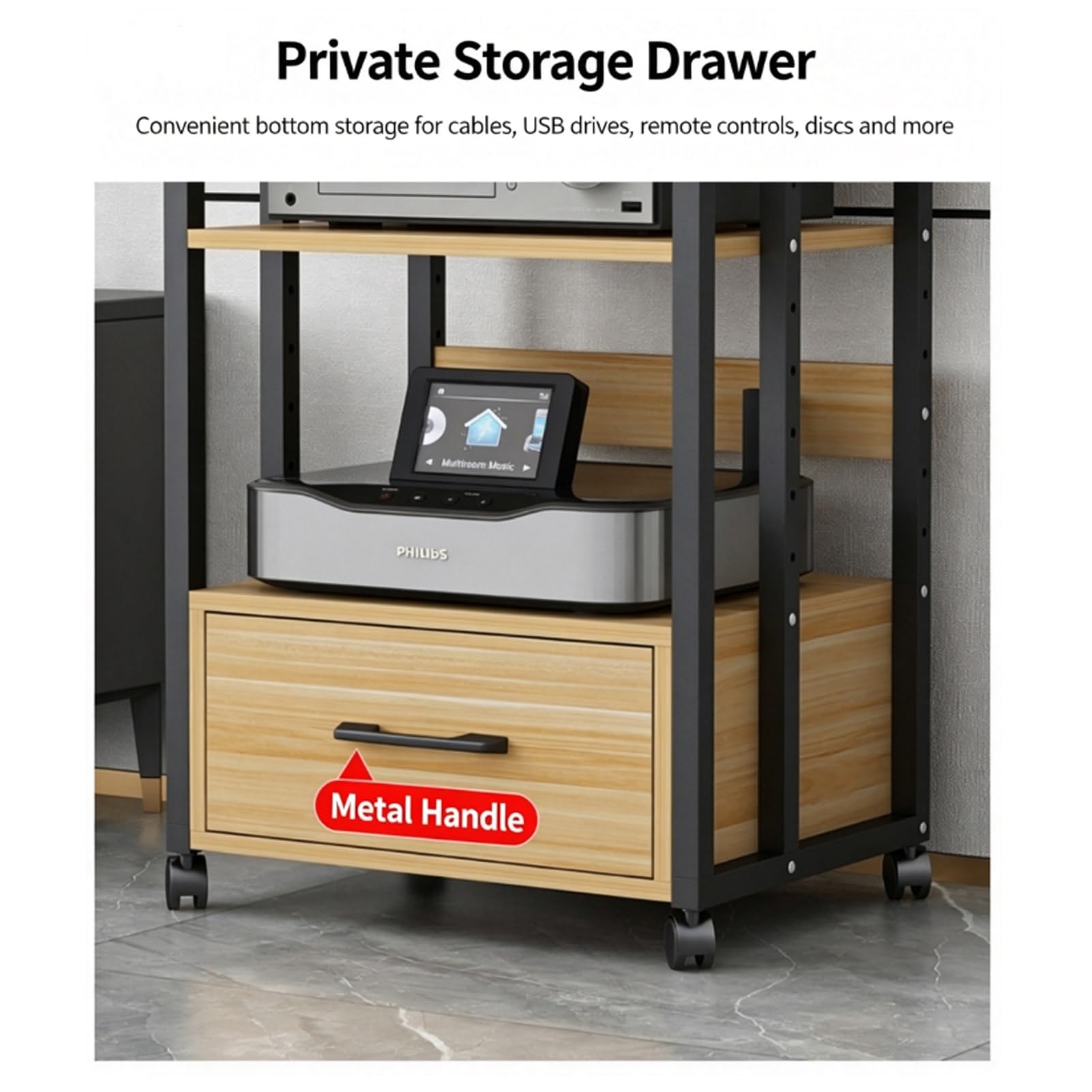 Stojak Multimedialny AV,Wieża Audio z Regulowanymi Półkami,Regulowane Półki | Stojak na Odtwarzacz cd do Salonu Szafka na Komponenty Stereo WieżA Typu Rack Audio z Ruchomym KółKiem(A1,4 layer)
