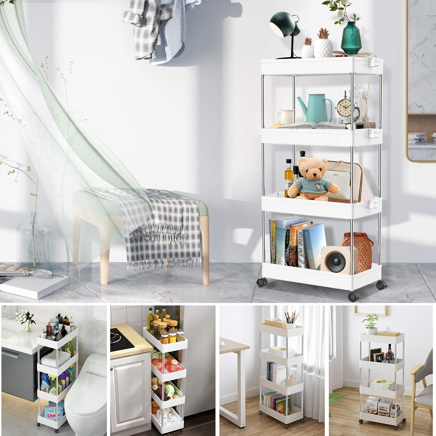 SPACEKEEPER Storage Cart, 4-Tier Mobile Shelving Unit, Bathroom Rolling Cart Utility Storage Organizer Shelf for Kitchen Living Room Bathroom Laundry Room & Dressers, White : Home & Kitchen