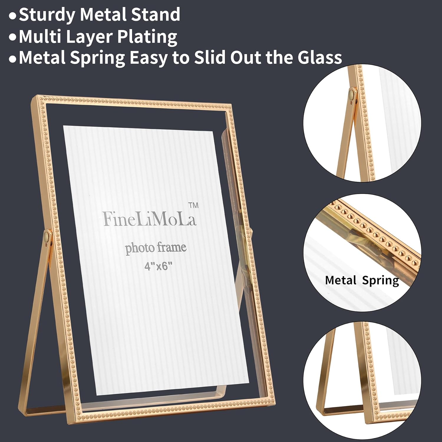 Gold 5x7'' Floating Frame 2Pack For Picture 3.5x5'', 4x6'', Beaded Thin Metal Edge Frames, Adjustable Tabletop/Shelf Photo Frame, Classy Wedding Gift and Home, Office Decor Frame - Image 6