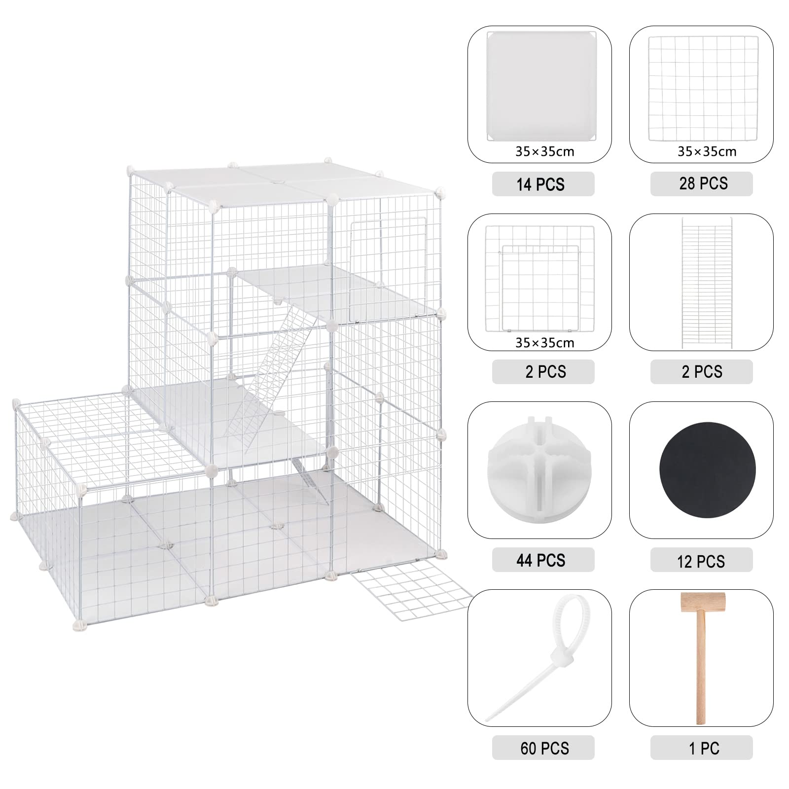 EUGAD Enclos Lapin avec Fond, Cage Cochon d'Inde, Modulable, avec 2 Portes et 2 Échelles, Blanc, 110x75x110cm