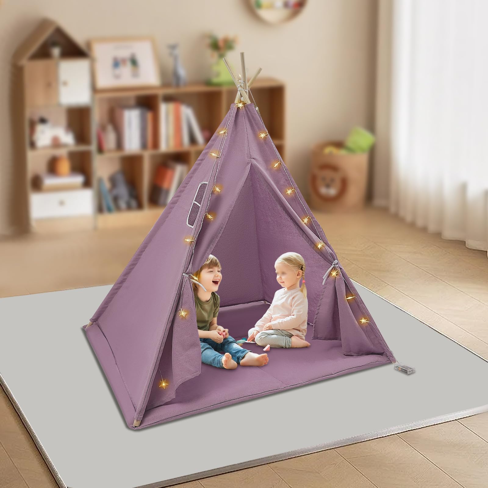 Tipi namiot dziecięcy Tipi namiot do zabawy dla chłopca Tipi Pokój dziecięcy Nowoczesna fioletowa bawełna len, z matą podłogową Girlanda świetlna 3M 120 x 140 cm Namiot z oświetleniem dla 1-3 dzieci