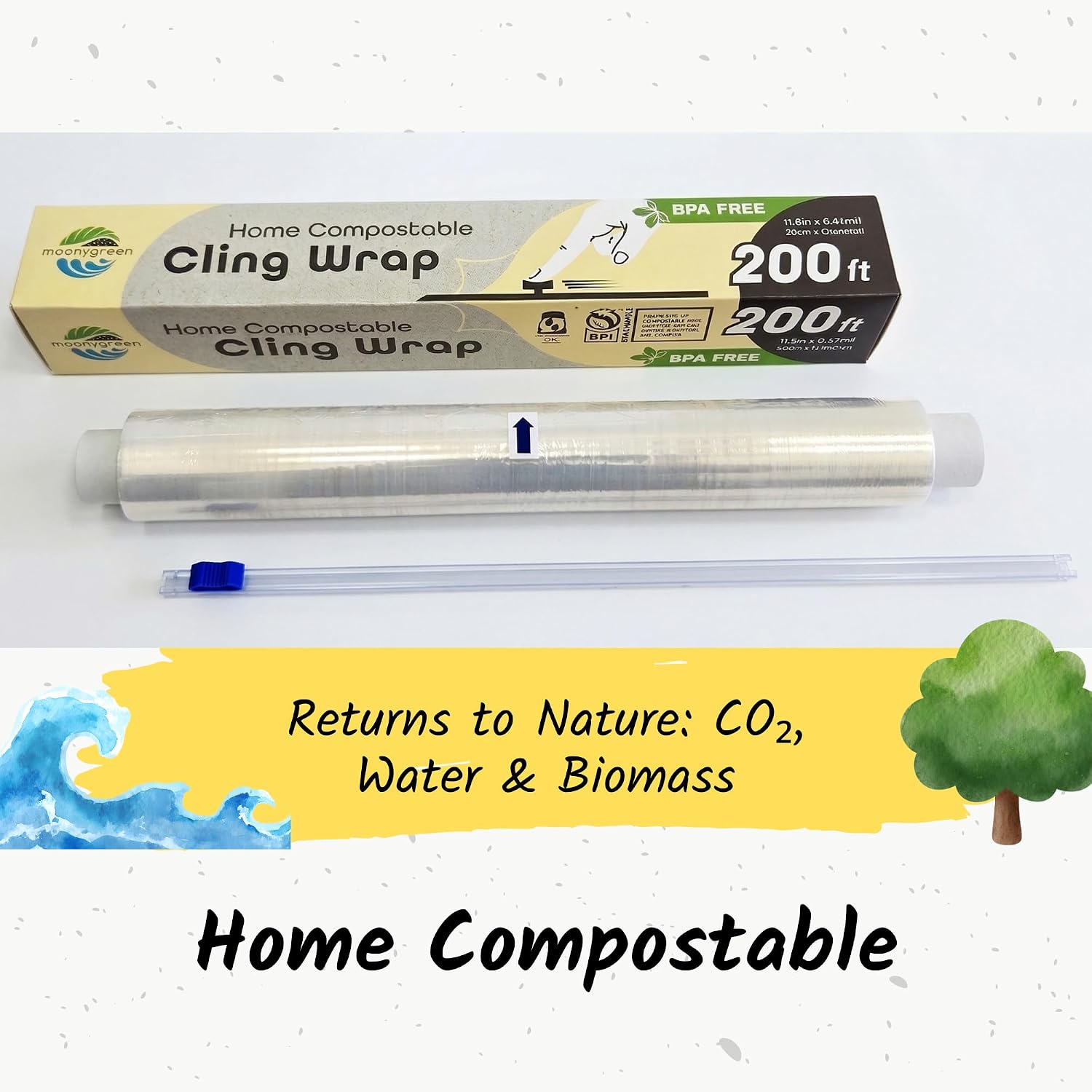 Compostable Cling Wrap with Slide Cutter - 12" Wide x 200 feet. ASTM 6400 Certified Cling Wrap, High transparency and Anti-fog.