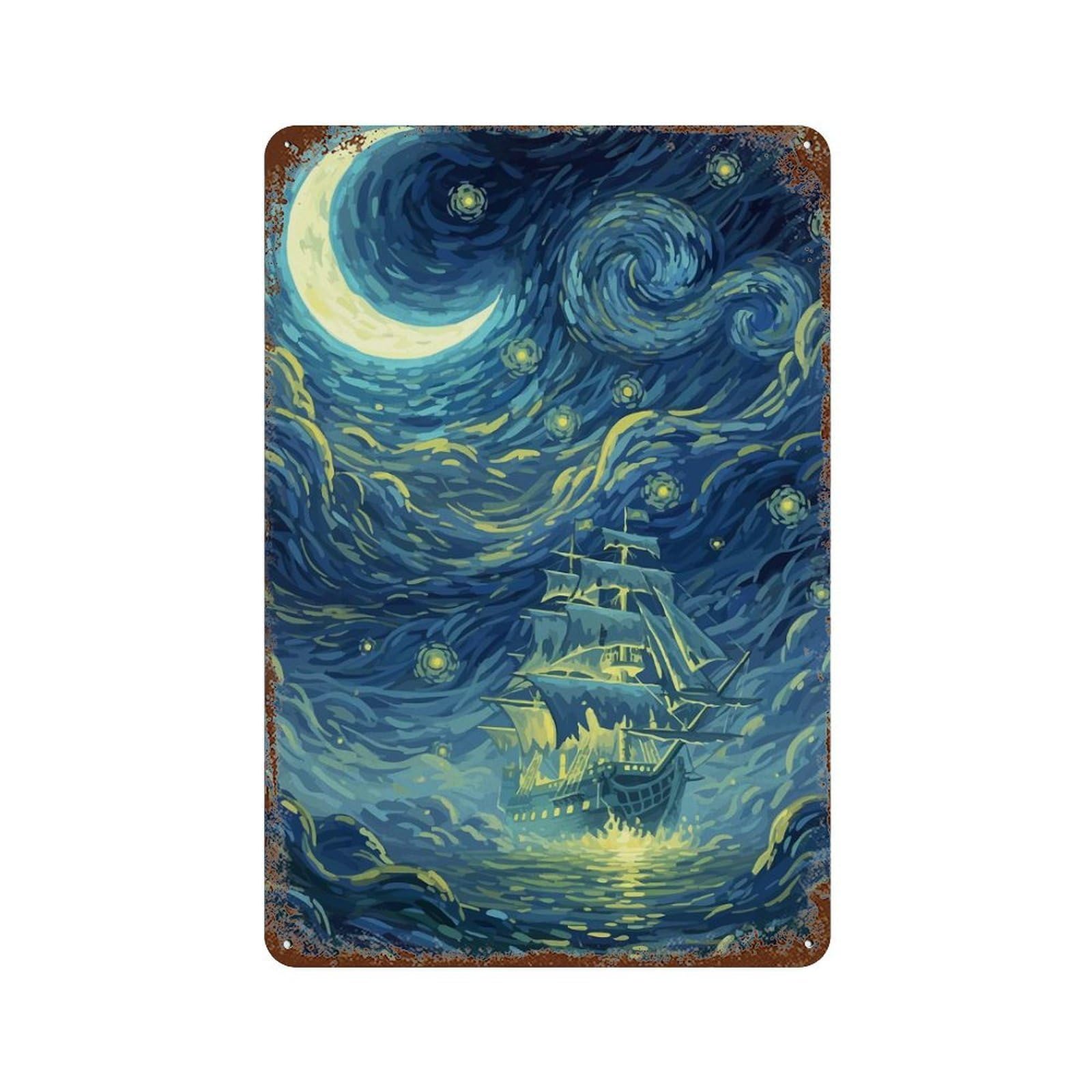 Starry Night Ship Decorative Tin Sign 11.8"x7.9", Vintage Wall Decor for Garage, Pub Or Kitchen