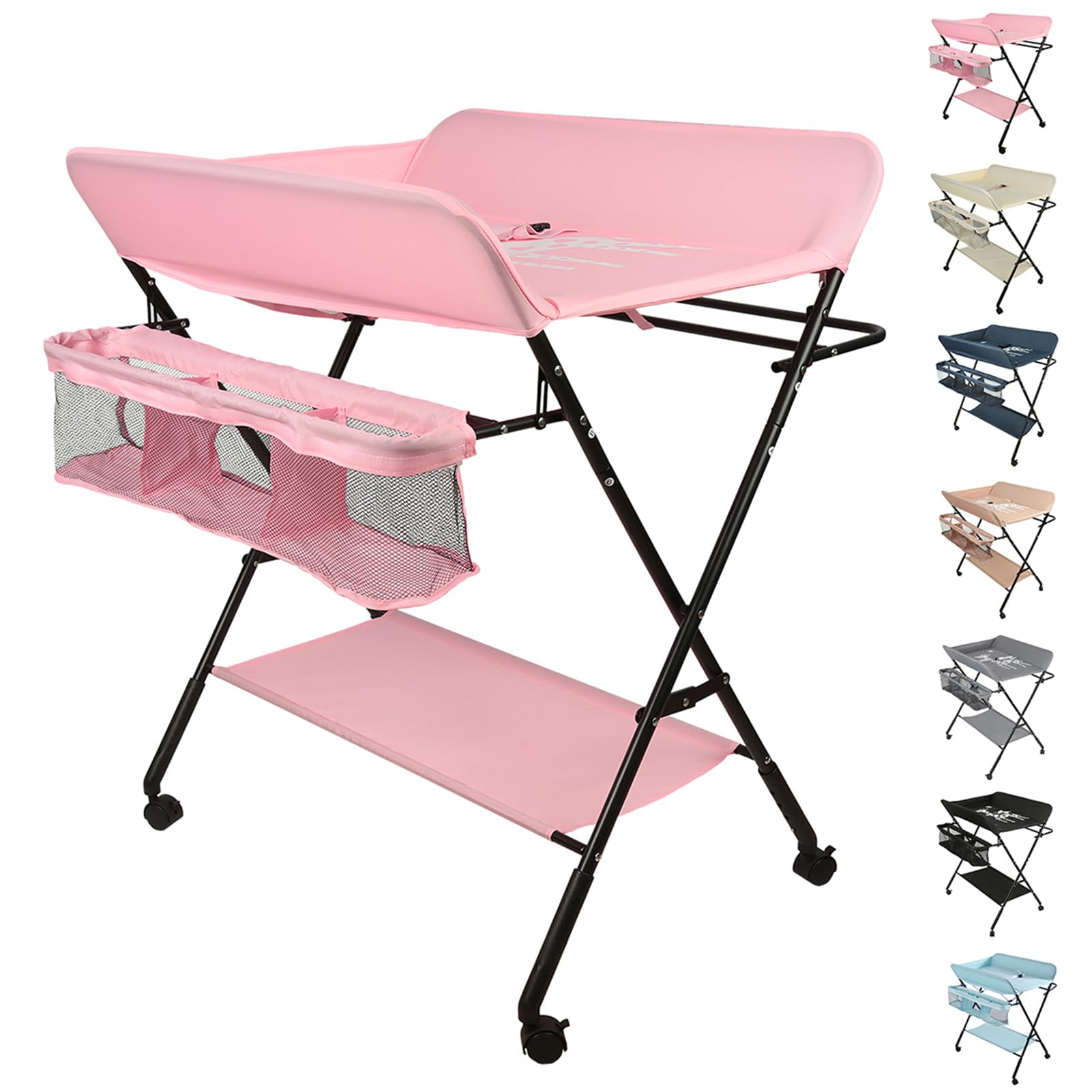 Homewell Cambiador de bebé plegable, con cambiador, cinturón de seguridad, compartimentos, bonito patrón e indicación de altura, estable y cómodo (rosa profundo)