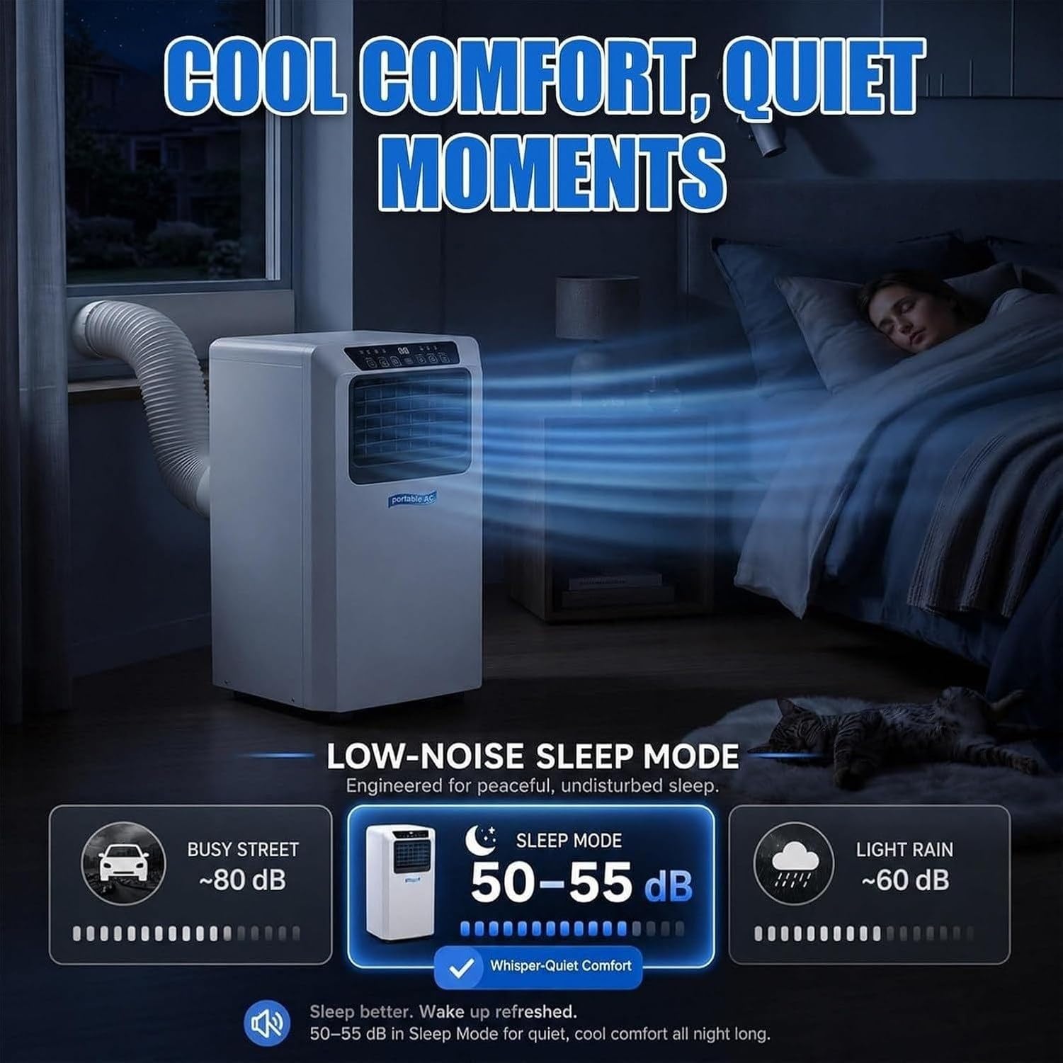 Klimatyzator mobilny 9000 BTU z cyfrowym wyświetlaczem LED, kółkami, zestaw ewakuacyjny do okien i trybu nocnego 50-55dB, do sypialni i biura