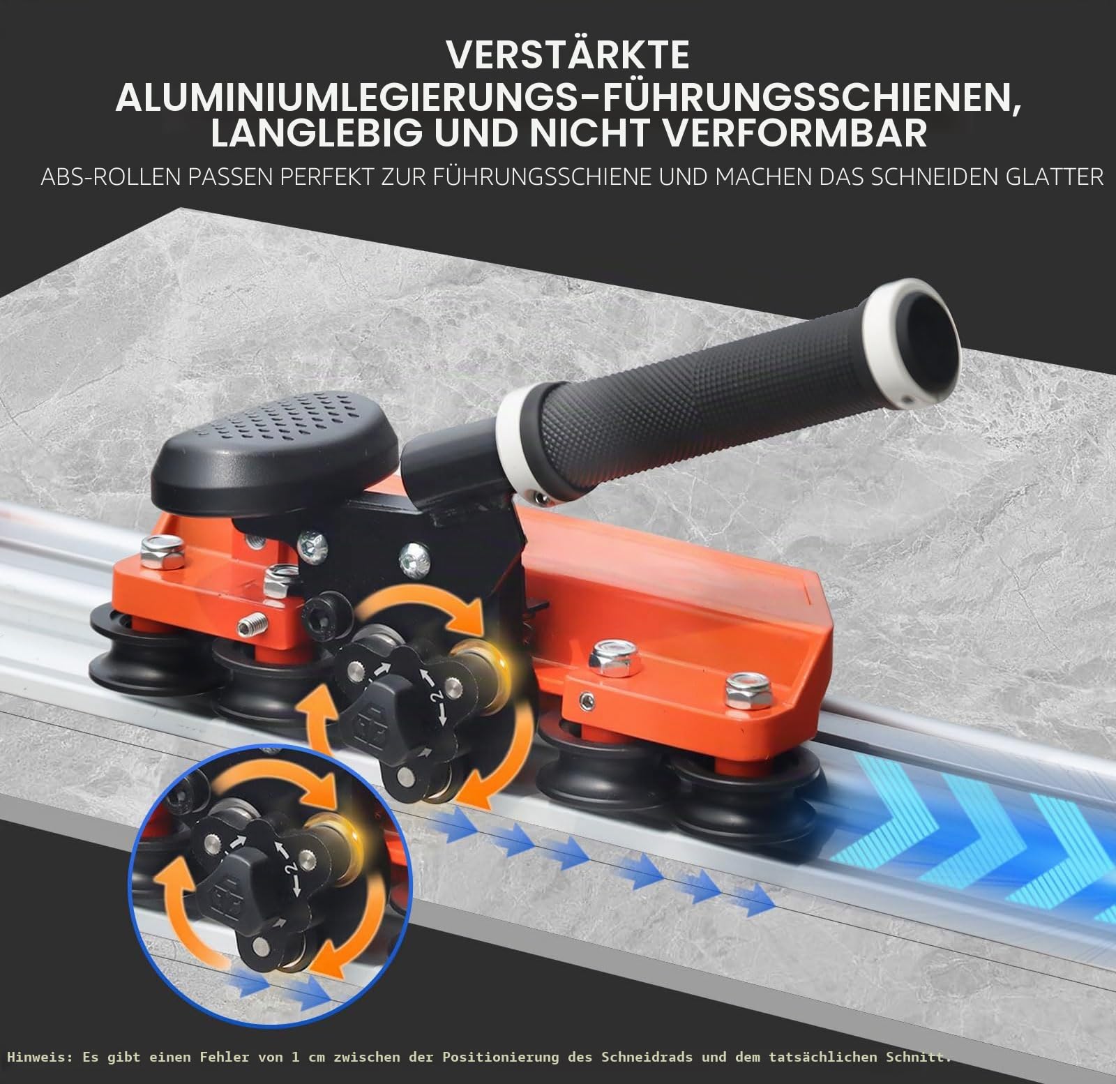 2,0 m Manueller Großformat-Fliesenschneider mit 3 Klingen, max. 12 mm | 2x1 m Schienen und Positionsklammer. Saugnäpfe für glatte Oberflächen, schraubverstellbare Griffspannung