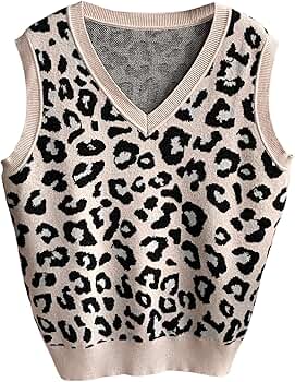 BEAUDRM Women's Y2K Leopard Print Sweater Vest V Neck