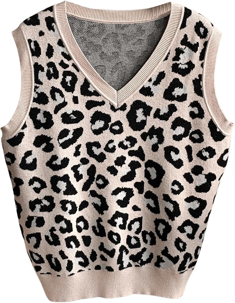 BEAUDRM Women's Y2K Leopard Print Sweater Vest V Neck Sleeveless