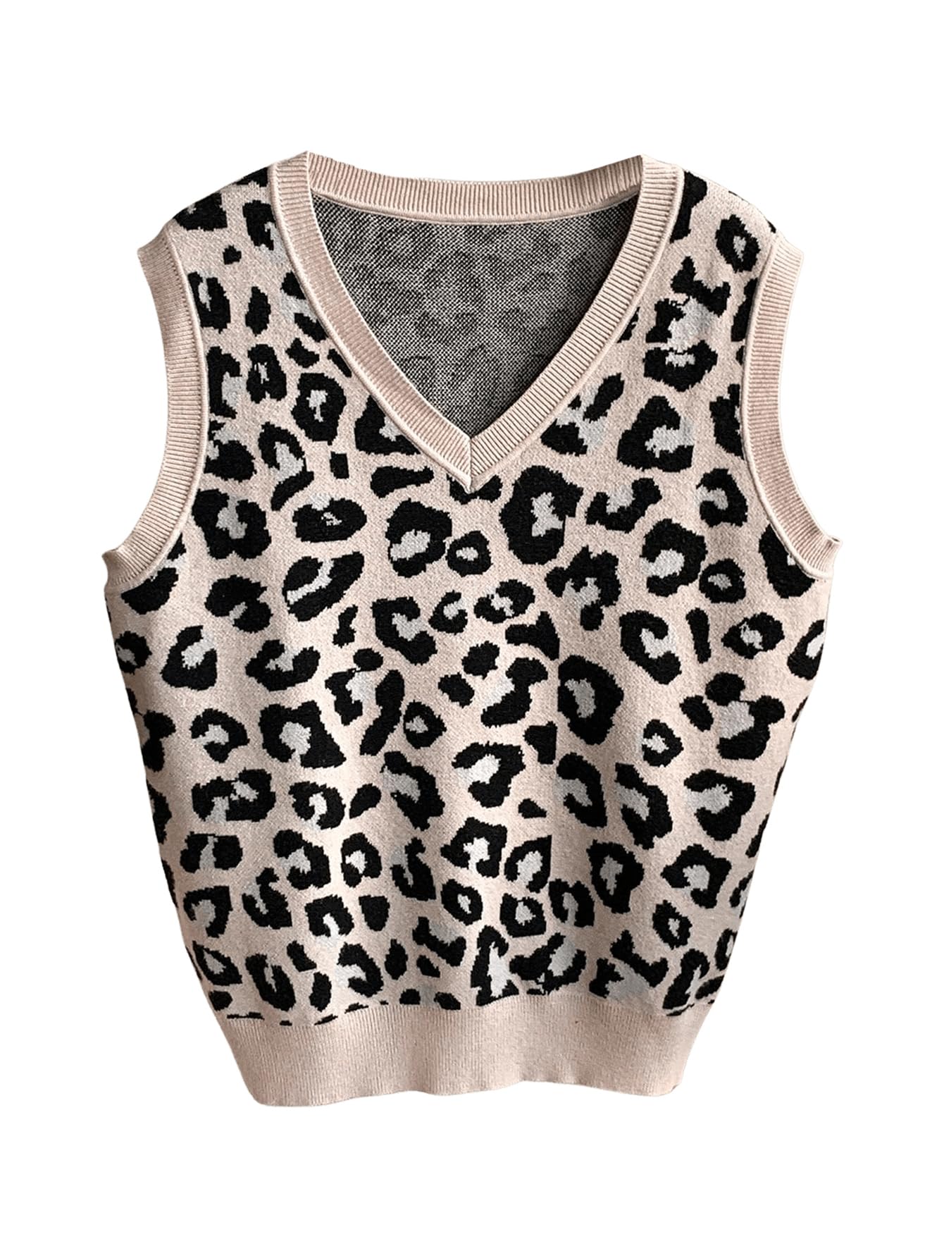 Womens Y2K Leopard Print Sweater Vest V Neck Sleeveless Lightweight Casual Cheetah Knit Tops