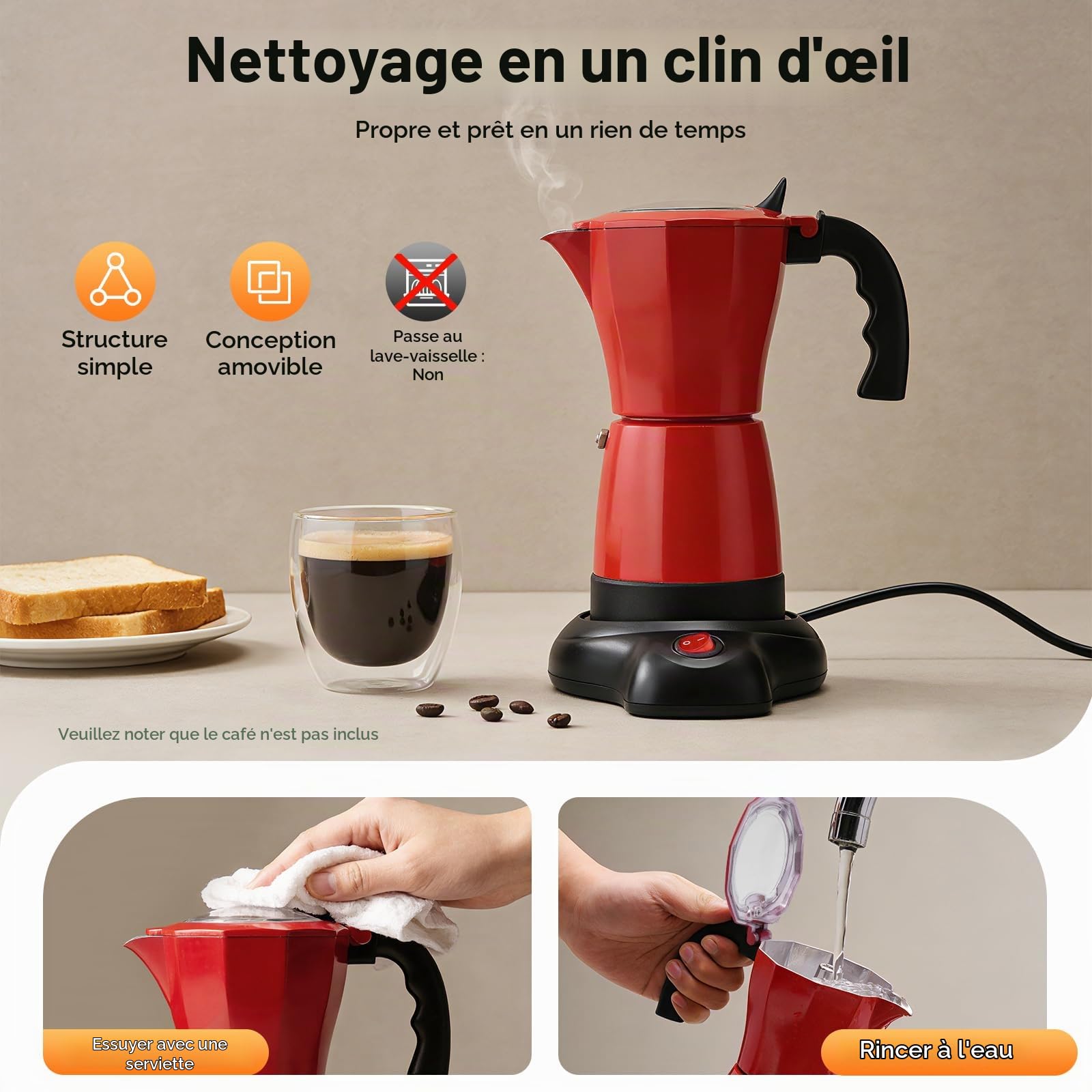 Cafetière Italienne Électrique 300ml Moka Express d'Exception 6 Tasses avec Poignée Anti-Brûlure et Double Protection Anti-Fuites Machine à Café Artisanale pour Maison Bureau