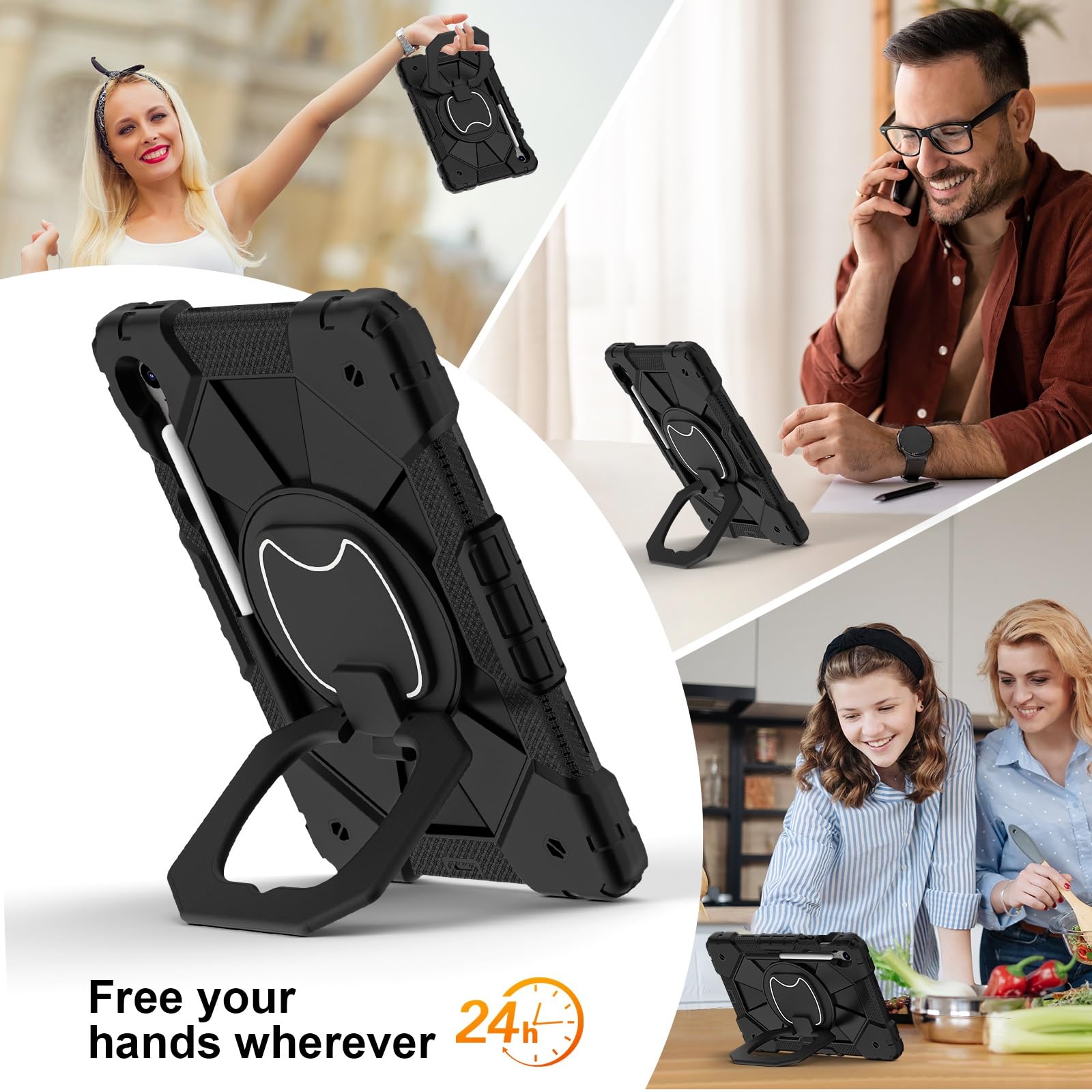 Etui do Samsung Galaxy Tab S10 Lite (2025) 10,9 cala SM-X400/X406B, wytrzymałe, odporne na wstrząsy, etui ochronne z obrotową podstawką 360° + pasek rękę + ramię(Noir)