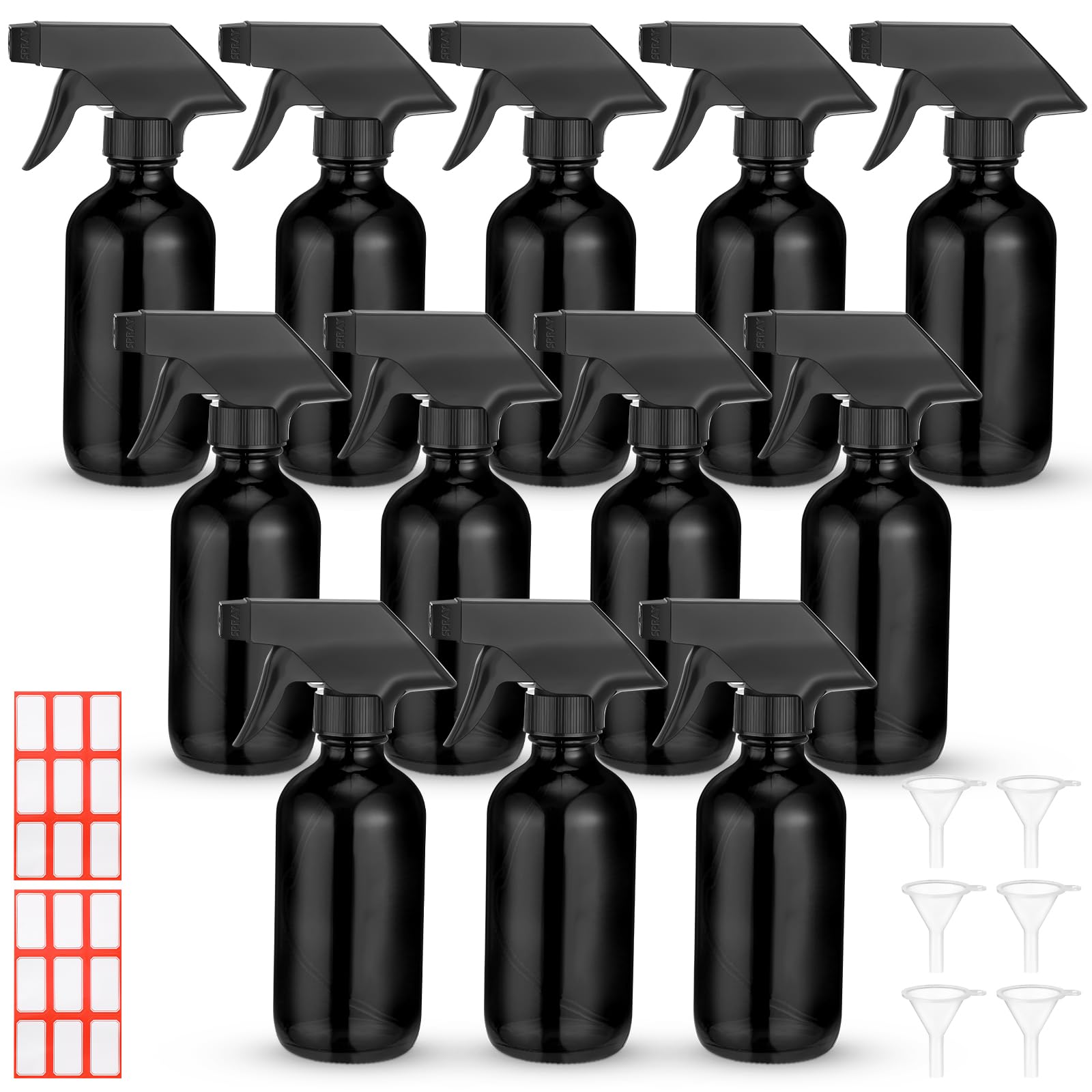 Norme 12 Pcs 8 oz Glass Spray Bottles with Funnels and Labels Refillable Cosmetic Empty Spray Bottles with Sprayer Containers for Essential Oil