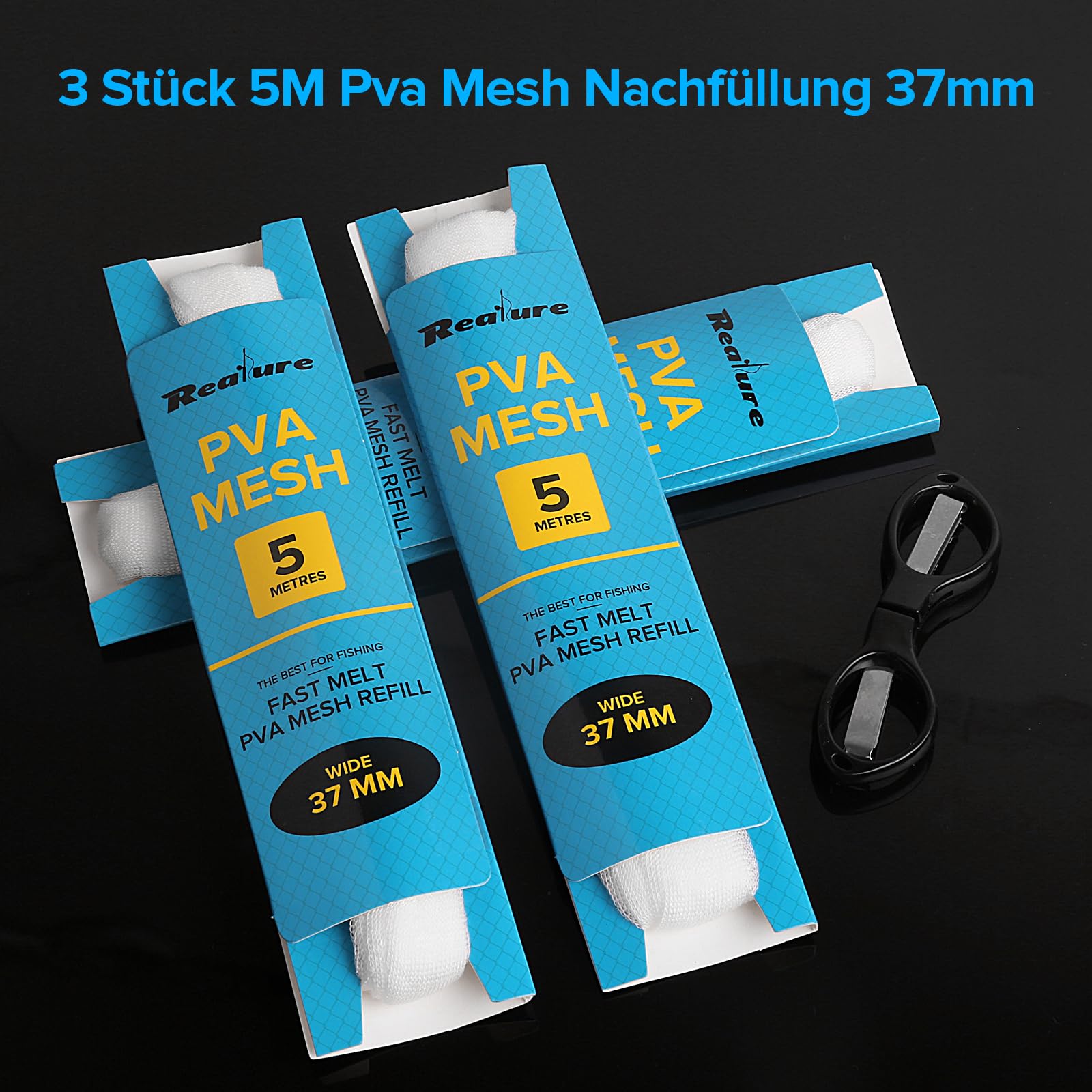 Realure Lot de 3 filets de pêche en PVA de 5 m - 25 mm/37 mm/44 mm de large - En maille PVA - Accessoires de pêche à la carpe - Avec ciseaux - Fondant rapidement - Sacs de pêche en PVA - Pour appâts