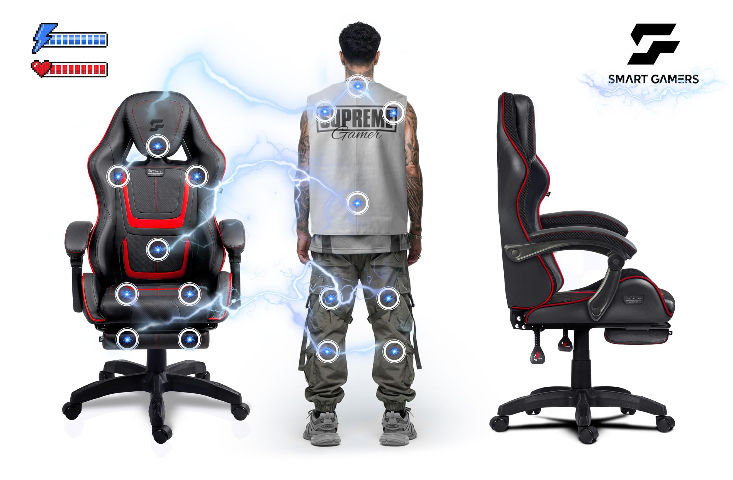 Sedia da gioco - Sedia da gioco ergonomica da ufficio - con poggiapiedi a secchiello - Regolabile e girevole - Per lavoro, giocare e rilassarsi - 120 kg - Nero, Rosso