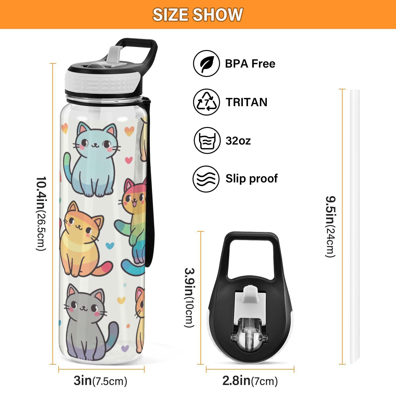 Rainbow Cute Cat Wasserflasche, 900 ml, transparentes Tritan, BPA-frei, auslaufsicher, mit Tragegurt, für Sport, Fitnessstudio und Outdoor-Aktivitäten