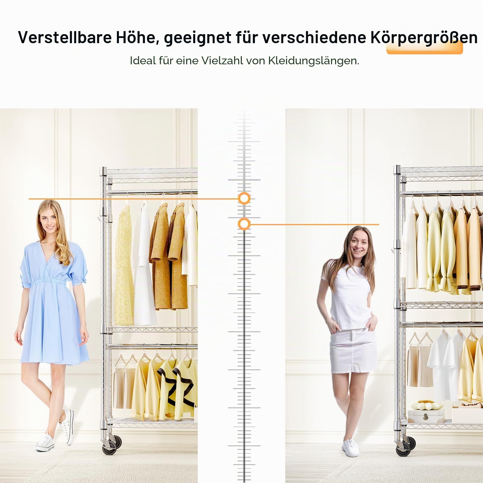 M MZG Robuster rollbarer Kleiderständer mit 3 Ebenen, Verstellbarer Drahtregal, Kleiderständer mit 2 Stangen und seitlichen Haken, Aufbewahrungsschrank Chrom 40 x 75 x 189,3 cm
